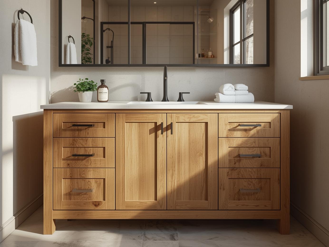 Natural oak shaker bathroom vanity cabinet with white quartz countertop and matte black faucet in a modern bathroom