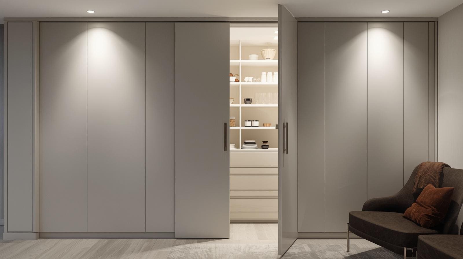 A built-in pantry cabinet seamlessly integrated into the kitchen wall, hidden doors closed and partially open