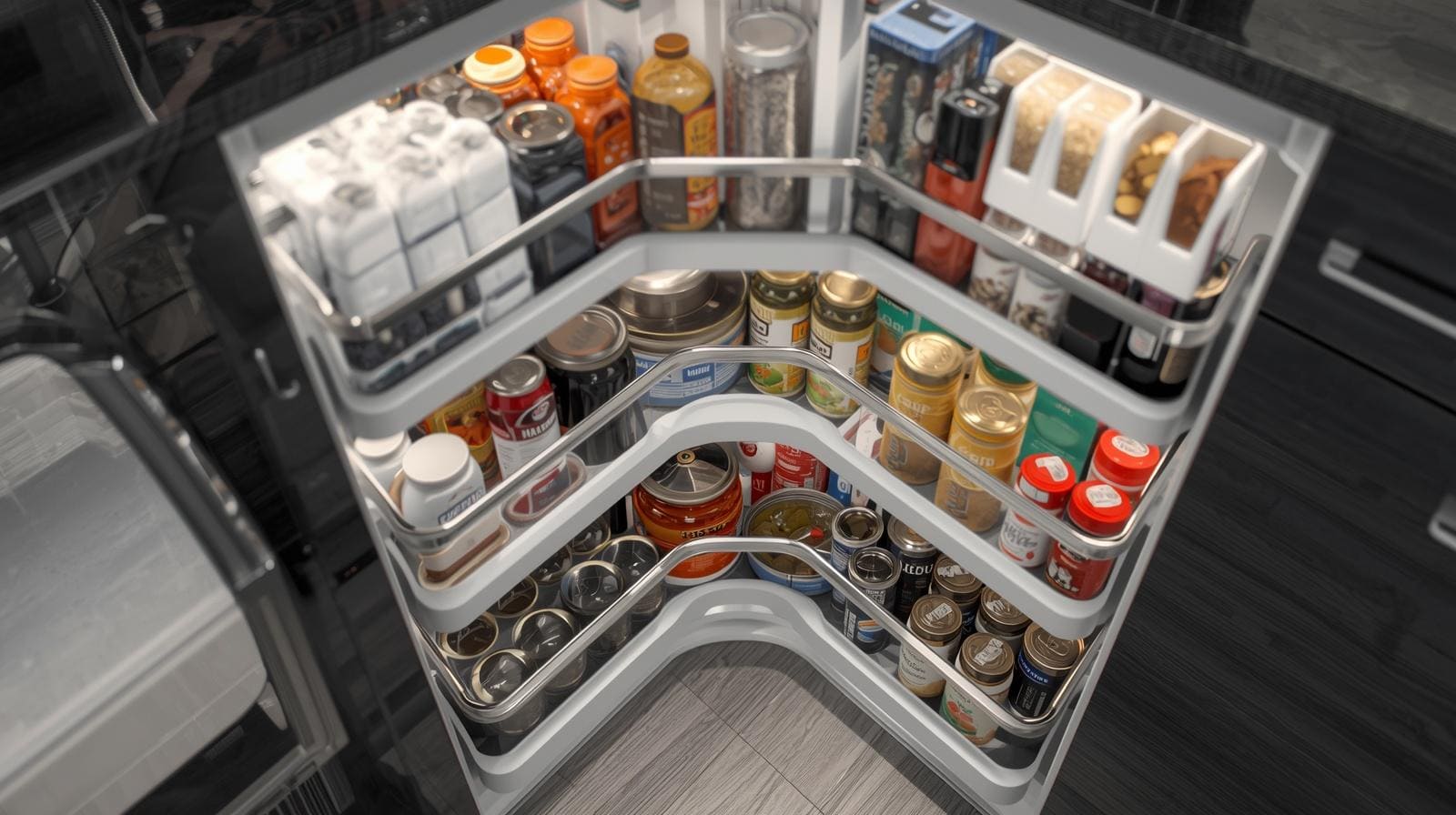 A corner pantry cabinet with a rotating carousel system, shelves spinning outward with stored items