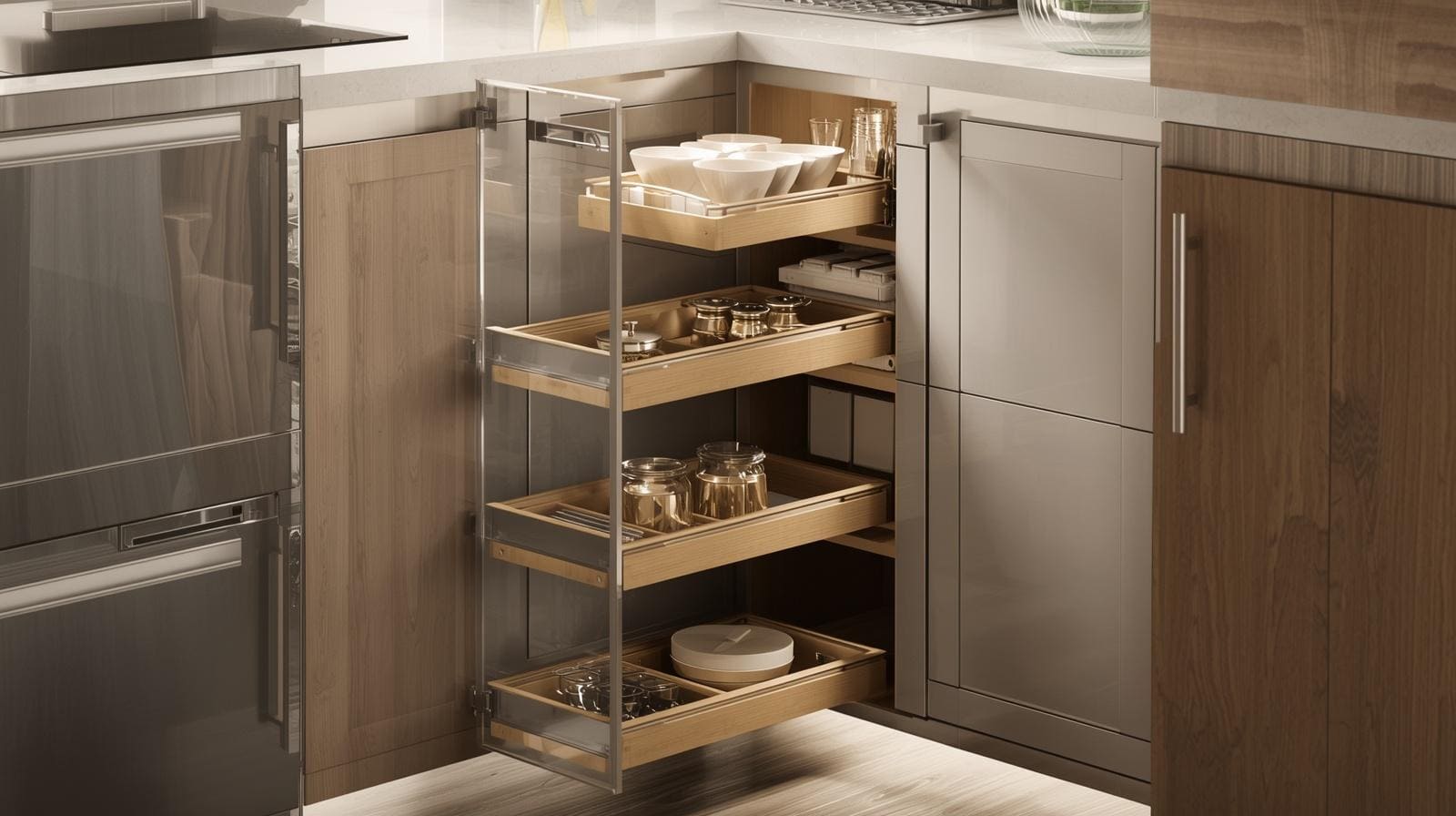 A corner pantry cabinet with pull-out trays extended outward, easy access design