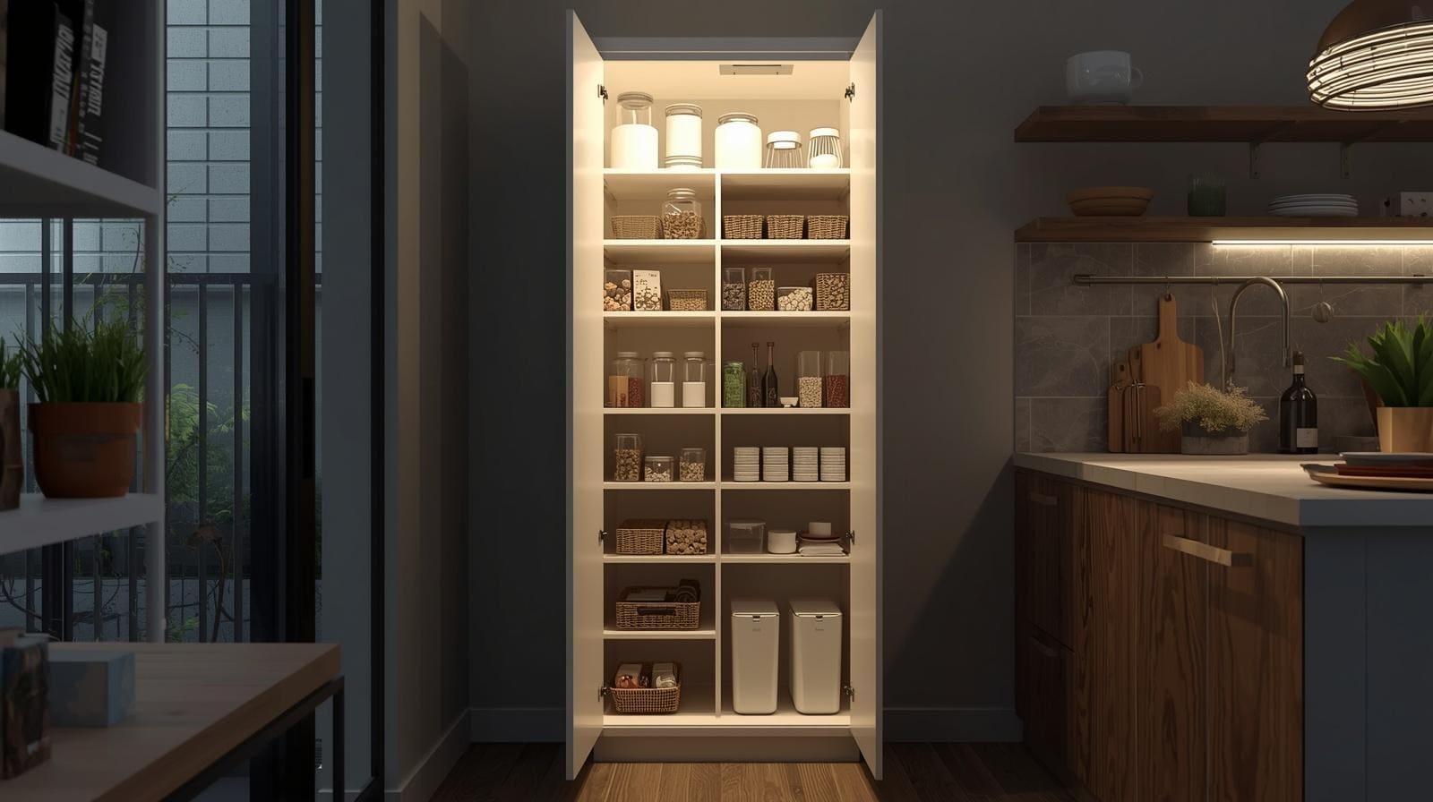 A freestanding pantry cabinet placed in a kitchen corner, flexible standalone unit