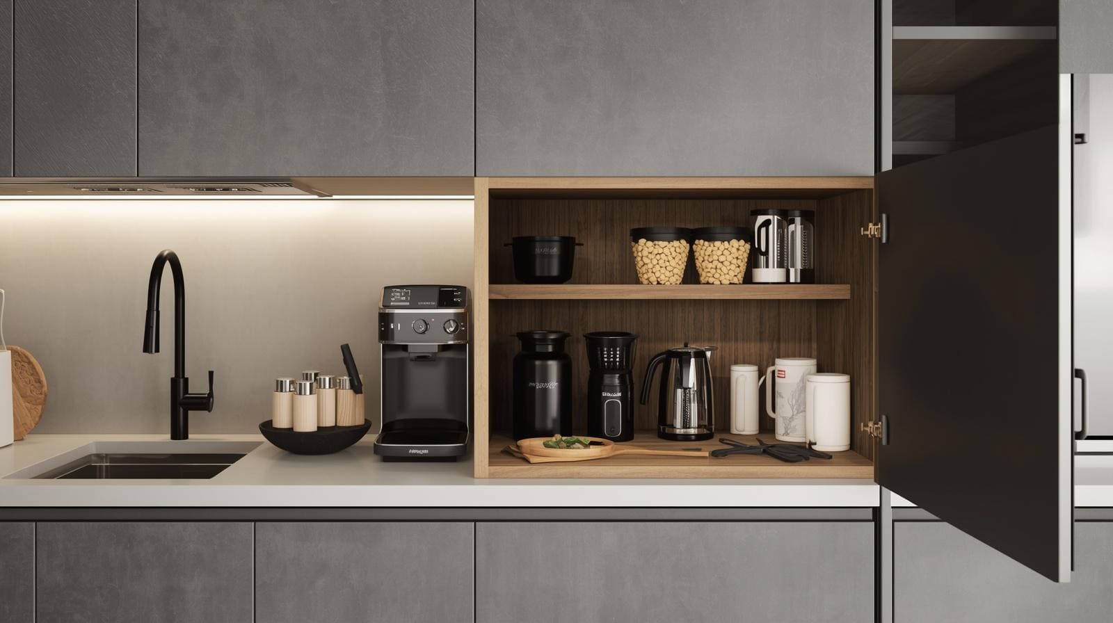 A pantry cabinet with a dedicated appliance storage area, coffee machine and small appliances inside