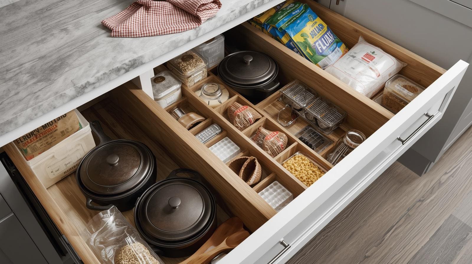 A pantry cabinet with deep drawers fully opened, storing heavy kitchen items and bulk food, ergonomic design
