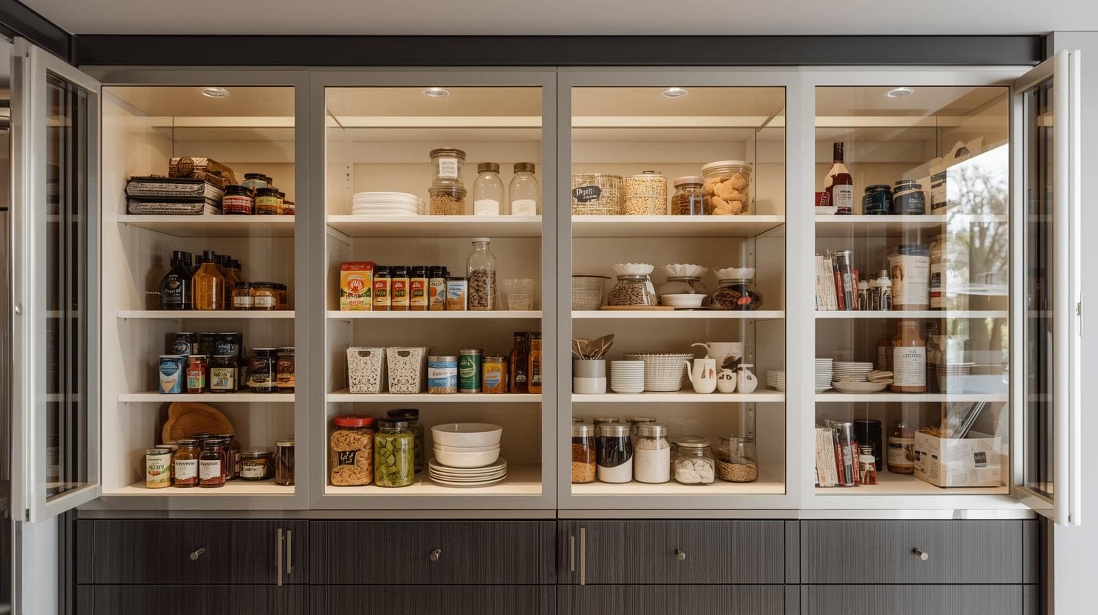A pantry cabinet with glass doors revealing neatly organized shelves