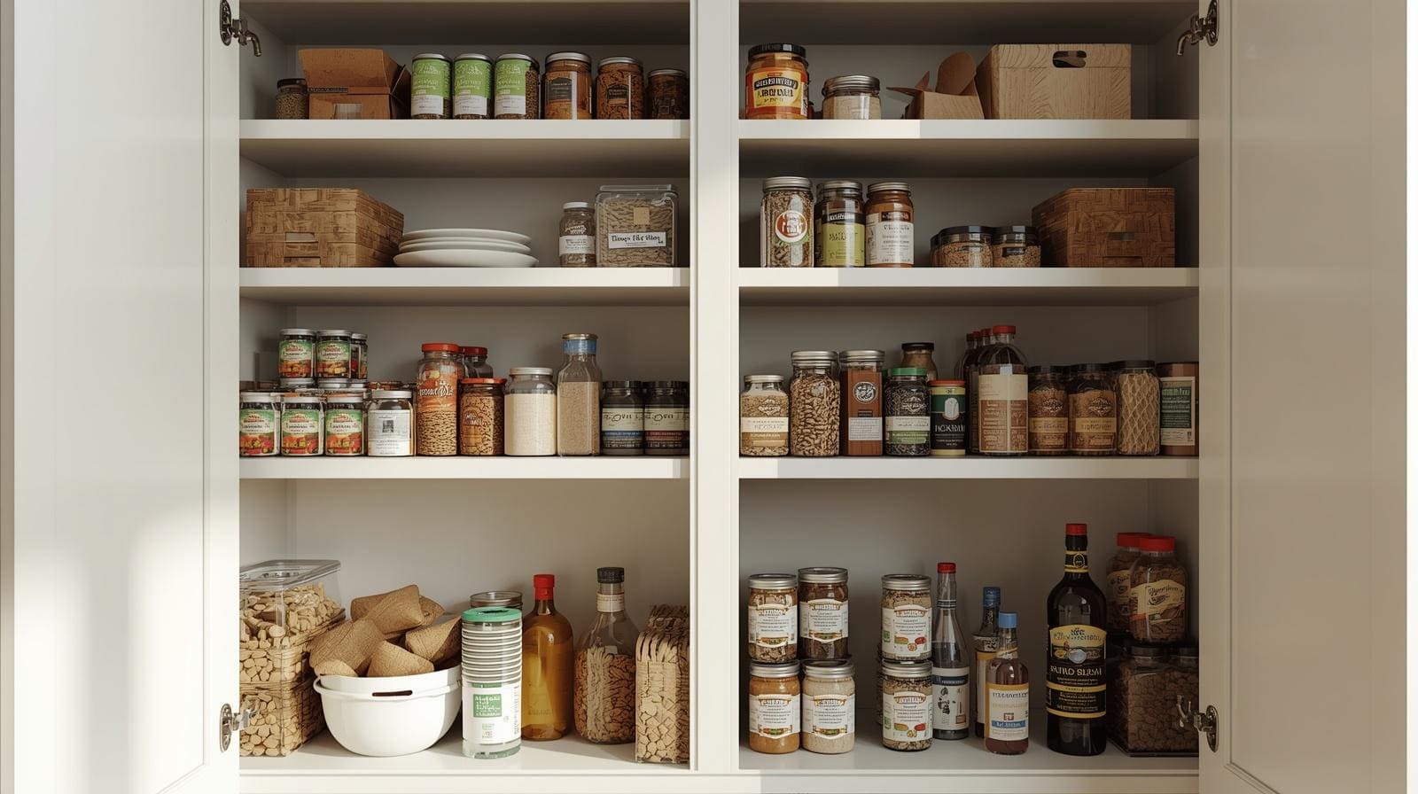 A pantry cabinet with varied shelf depths, shallow upper shelves and deeper lower shelves