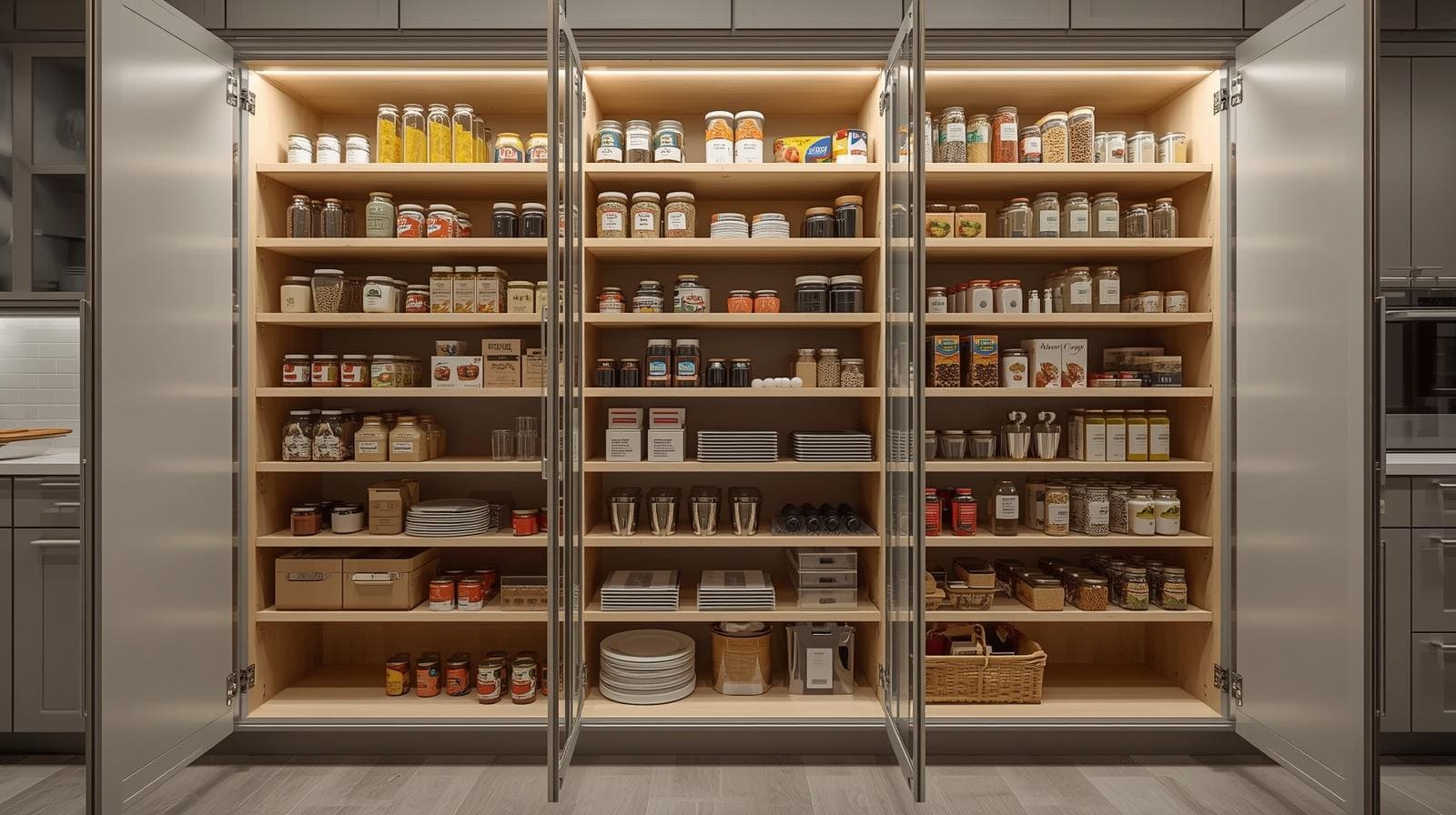 A pull-out pantry cabinet fully extended, showing multiple sliding shelves with organized items