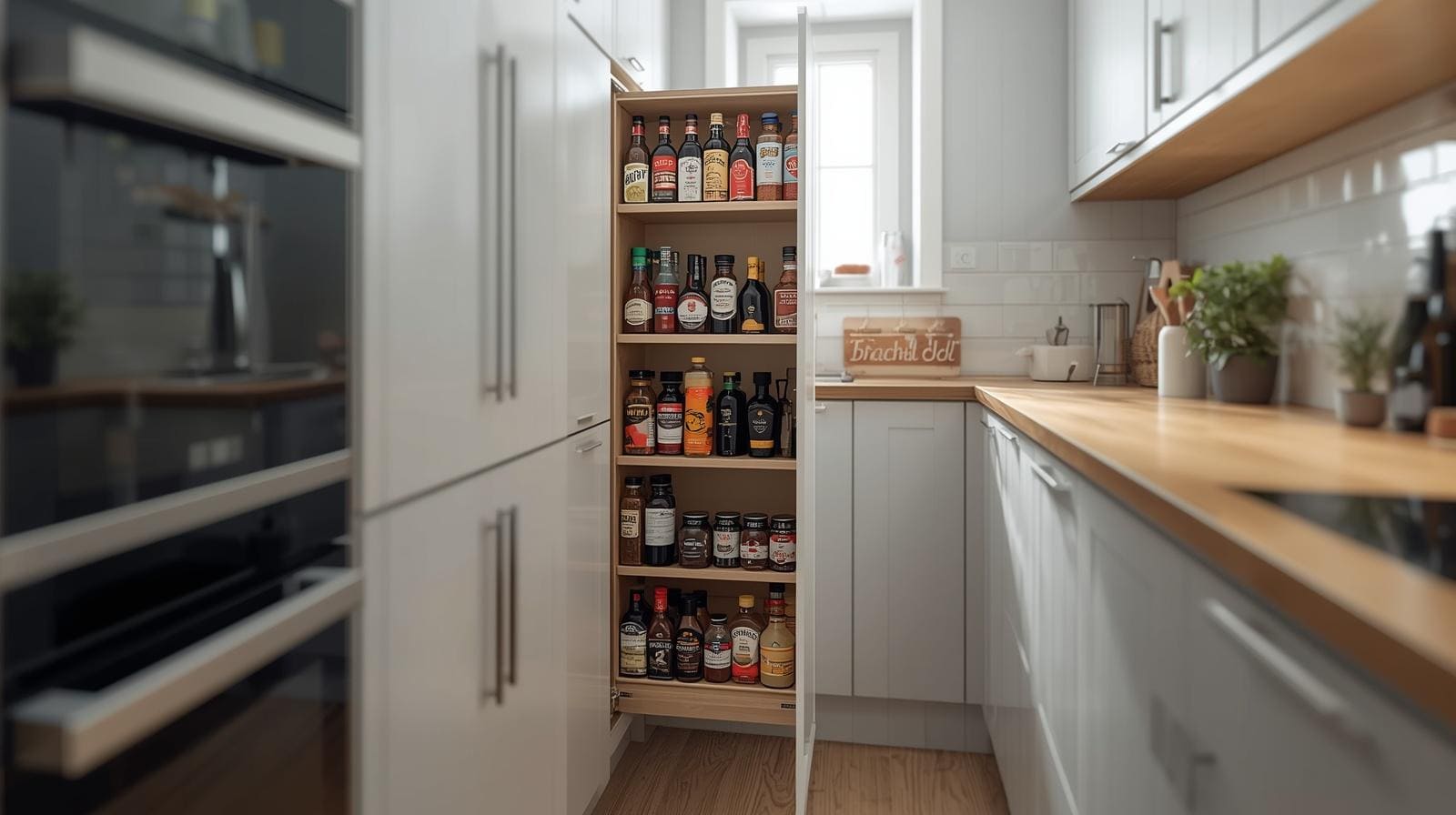 A slim narrow pantry cabinet pulled out from a tight kitchen gap