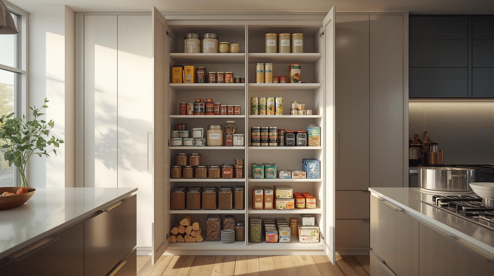 A tall pantry cabinet with adjustable shelves, doors open to show different shelf heights