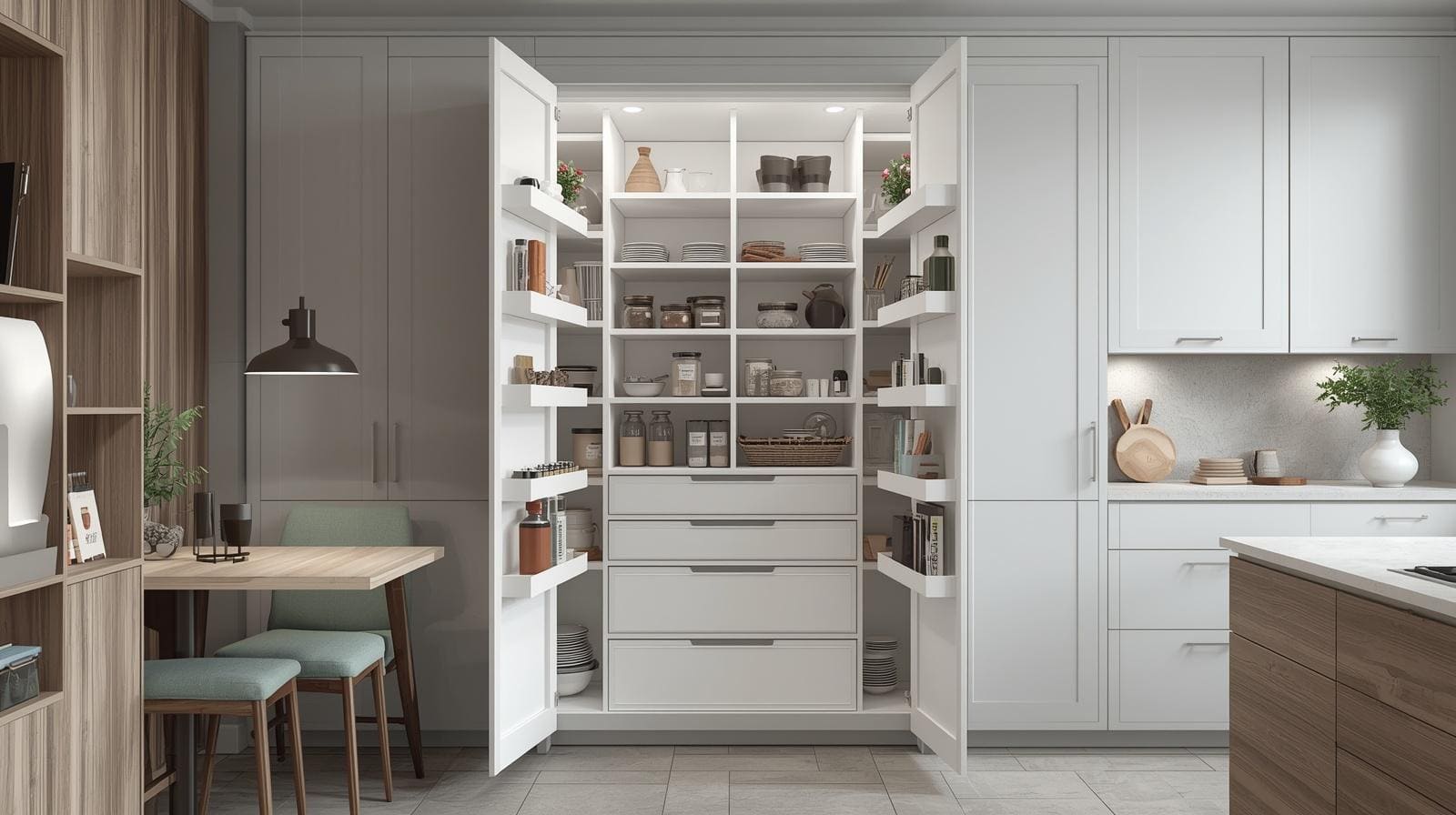 A tall pantry cabinet with double doors wide open, clearly divided storage zones