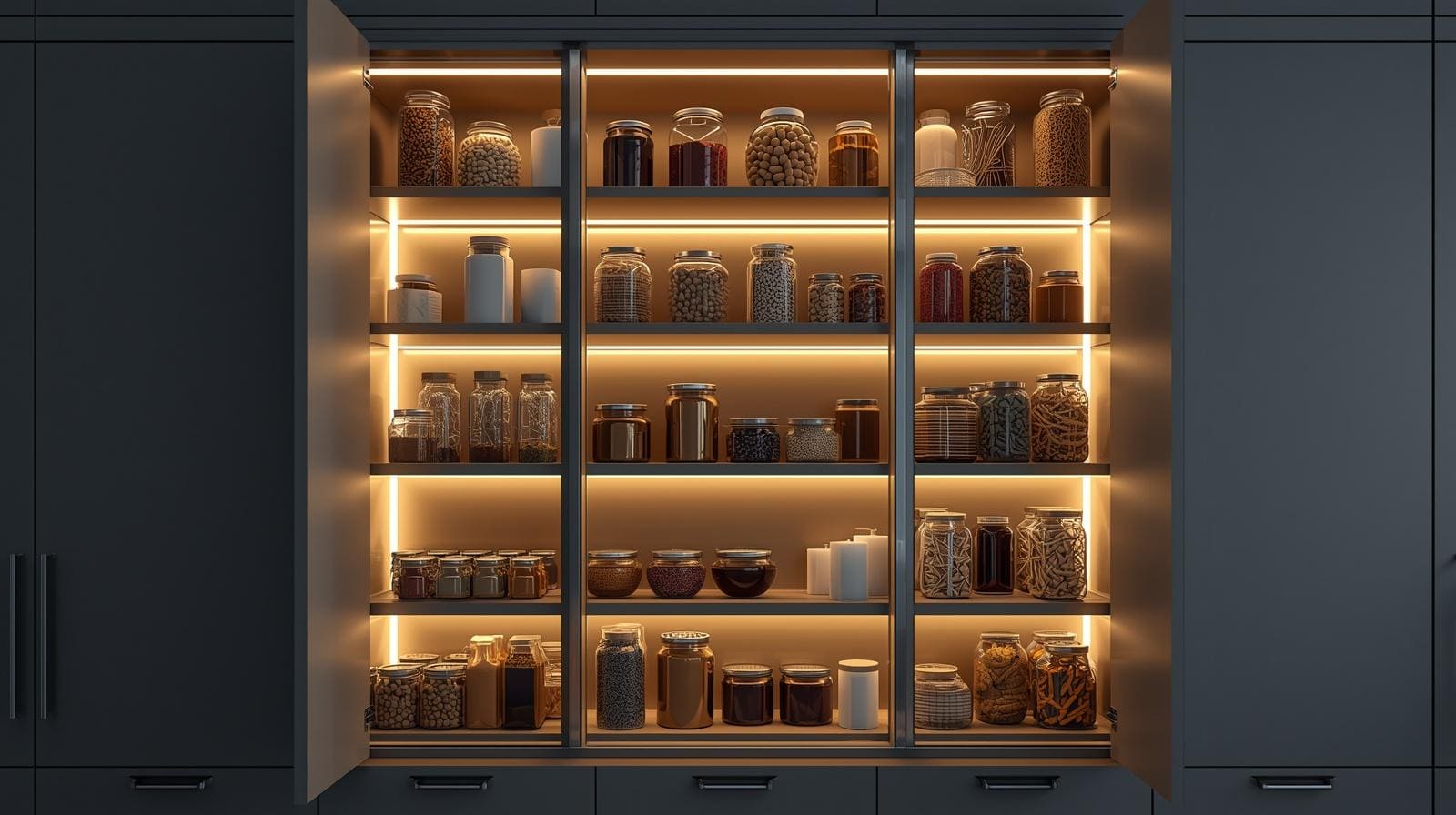 A tall pantry cabinet with integrated LED lighting inside, illuminated shelves with organized items