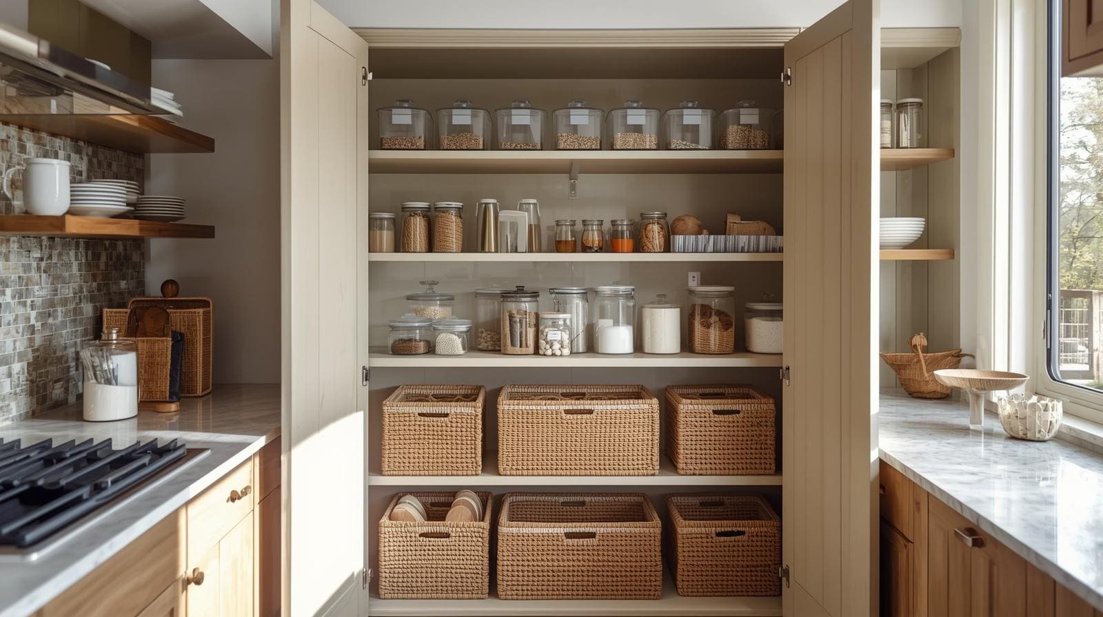An open pantry cabinet with basket storage system, visible containers and baskets