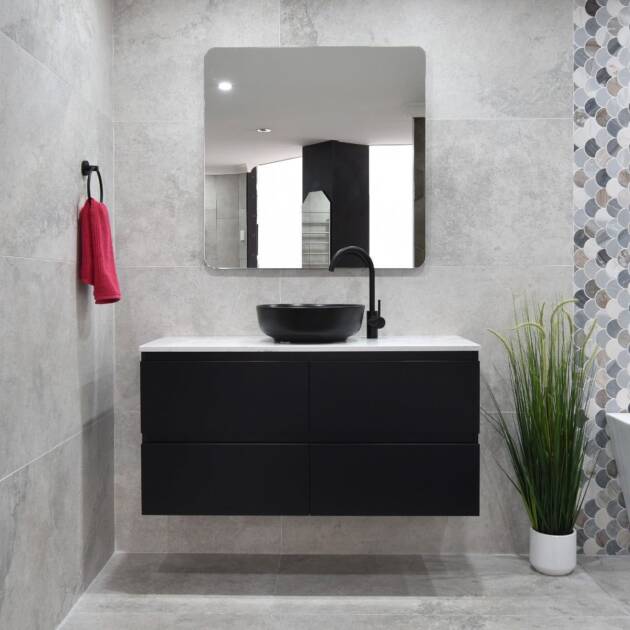 Black frameless vanity cabinet with floating design and full access storage