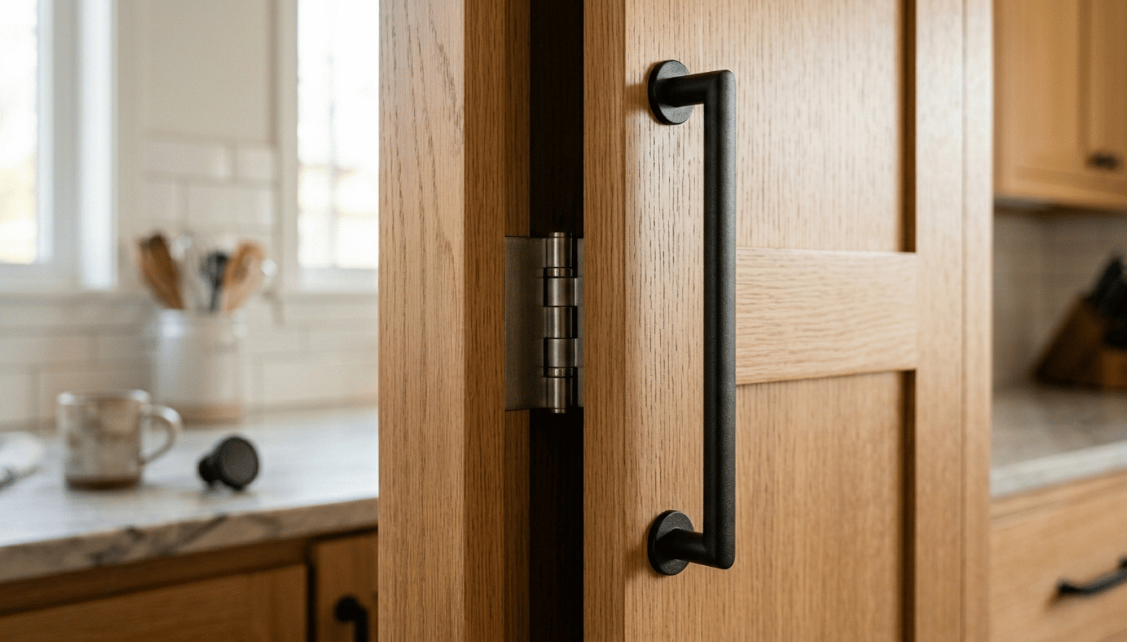 close up of cabinet hardware handles and knobs installed on refaced kitchen cabinets