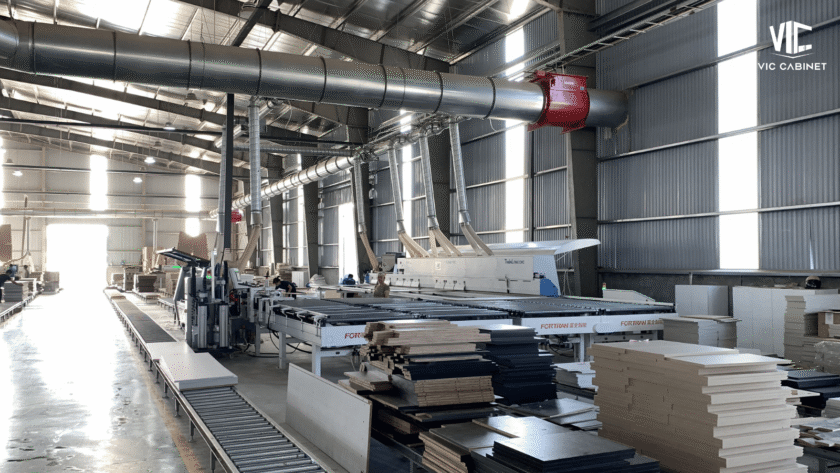 cabinet manufacturing process with CNC cutting and panel processing in factory