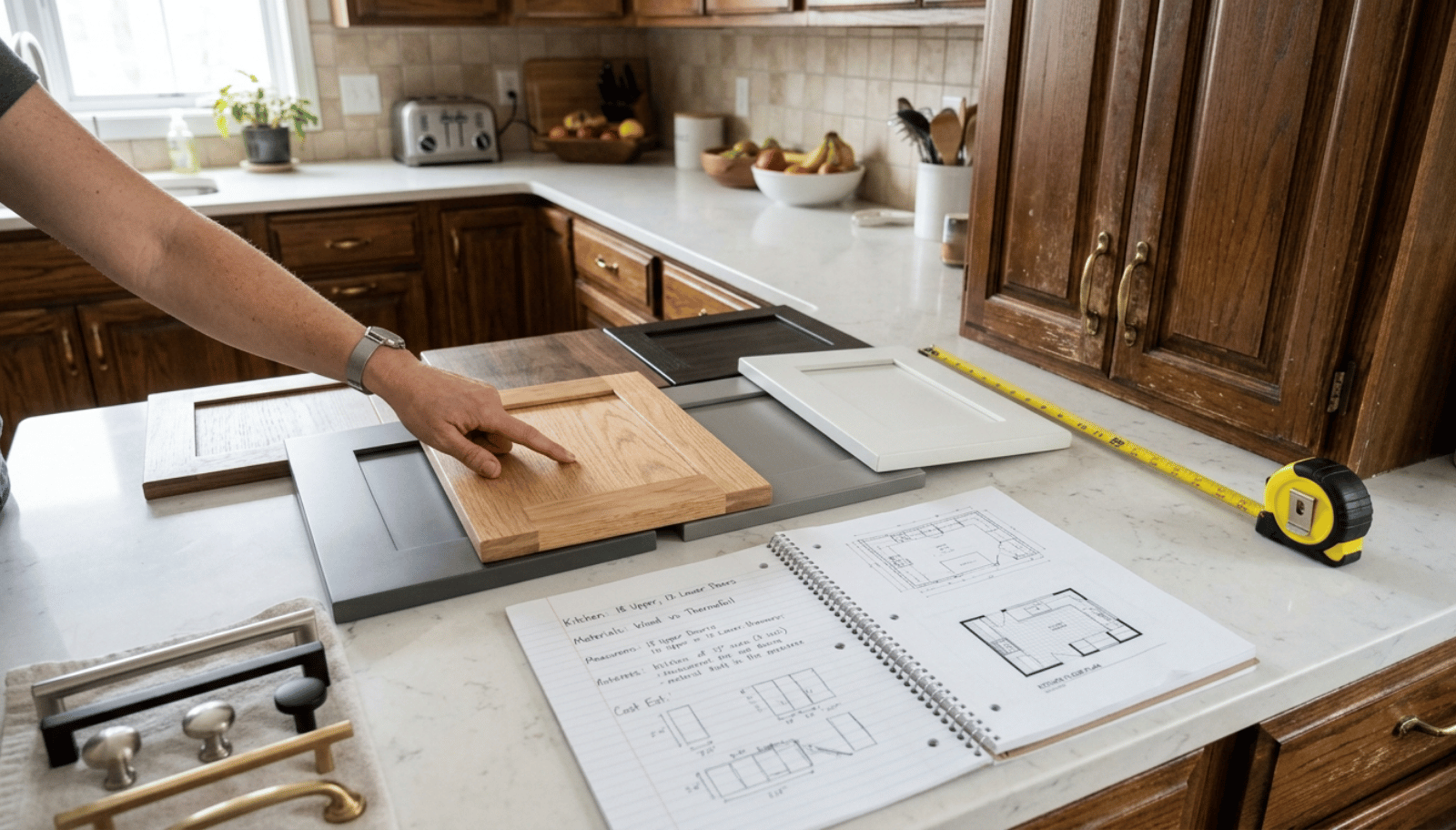 cabinet refacing cost factors showing cabinet door materials hardware options and kitchen planning