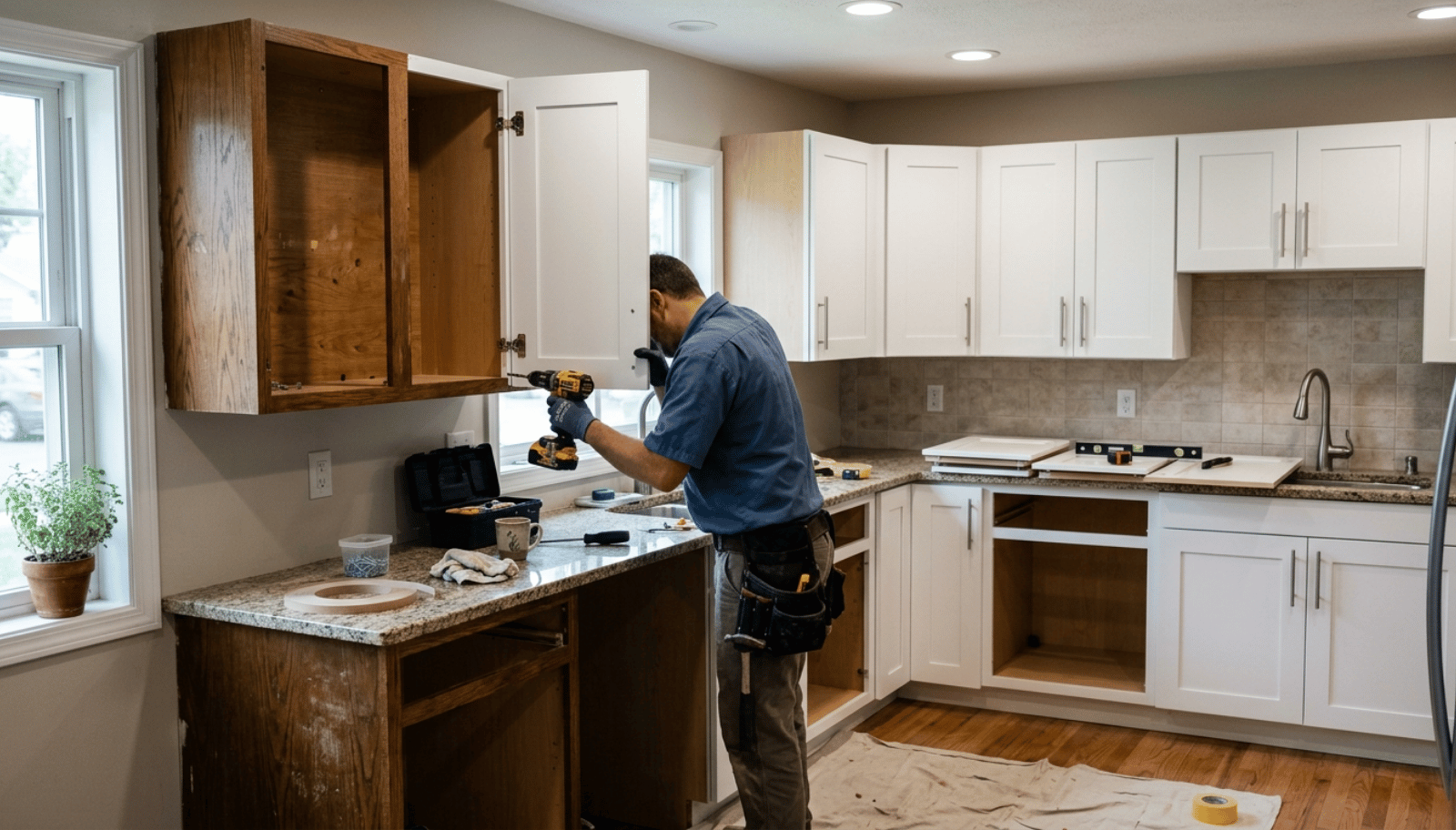 cabinet refacing installation process with doors removed and new cabinet doors being installed