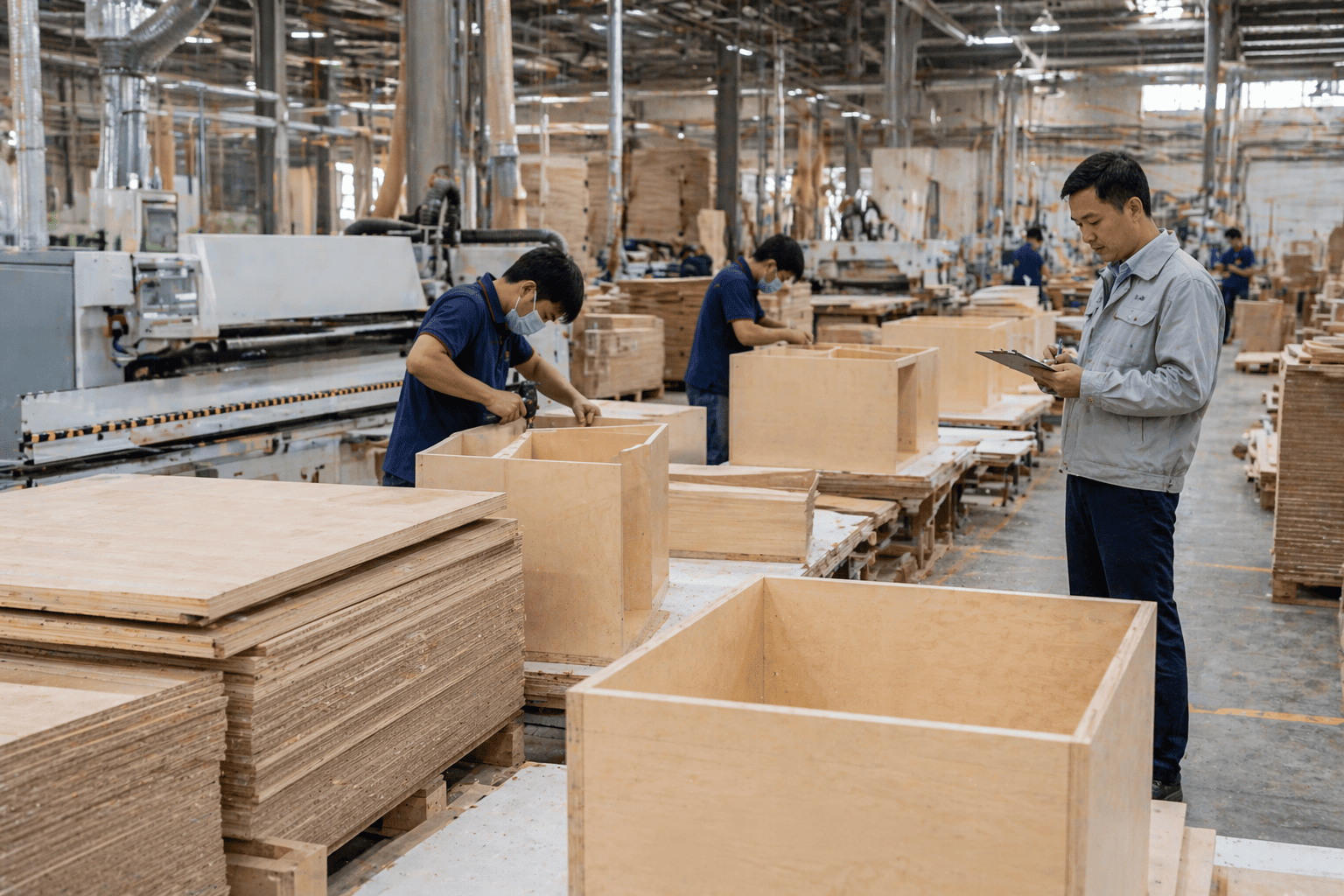 Cabinet manufacturing factory using CARB P2 compliant plywood with workers assembling cabinet boxes and quality control inspection