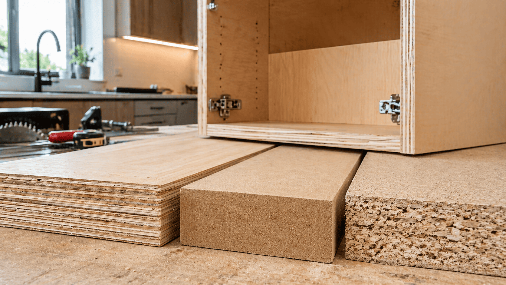 CARB P2 compliant engineered wood panels including plywood MDF and particleboard showing internal structure used in cabinet manufacturing