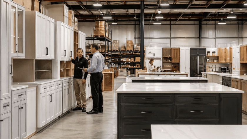 Contractor discussing cabinet options with supplier in showroom when choosing a cabinet distributor