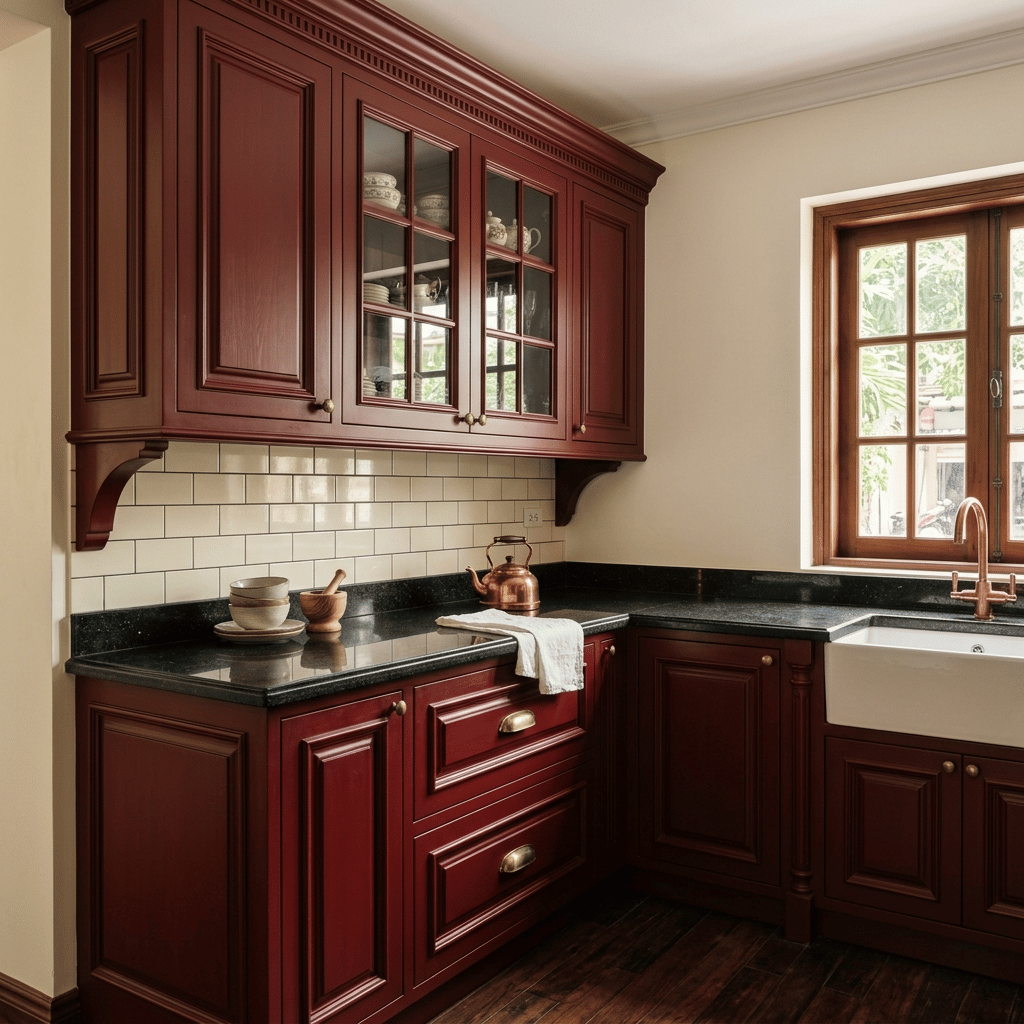 Classic dark red inset kitchen cabinets with glass doors, crown molding and traditional kitchen design