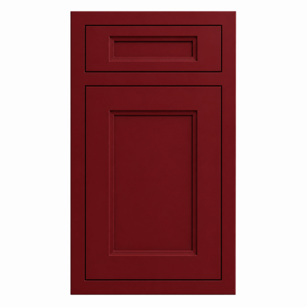 Dark red inset cabinet door with recessed panel and clean inner molding, smooth finish, classic kitchen cabinetry design