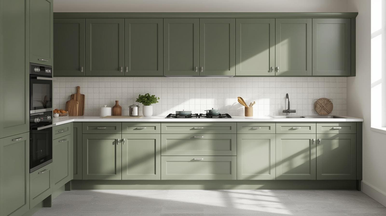 dark sage green kitchen cabinets creating contrast with white countertop in a real kitchen setting