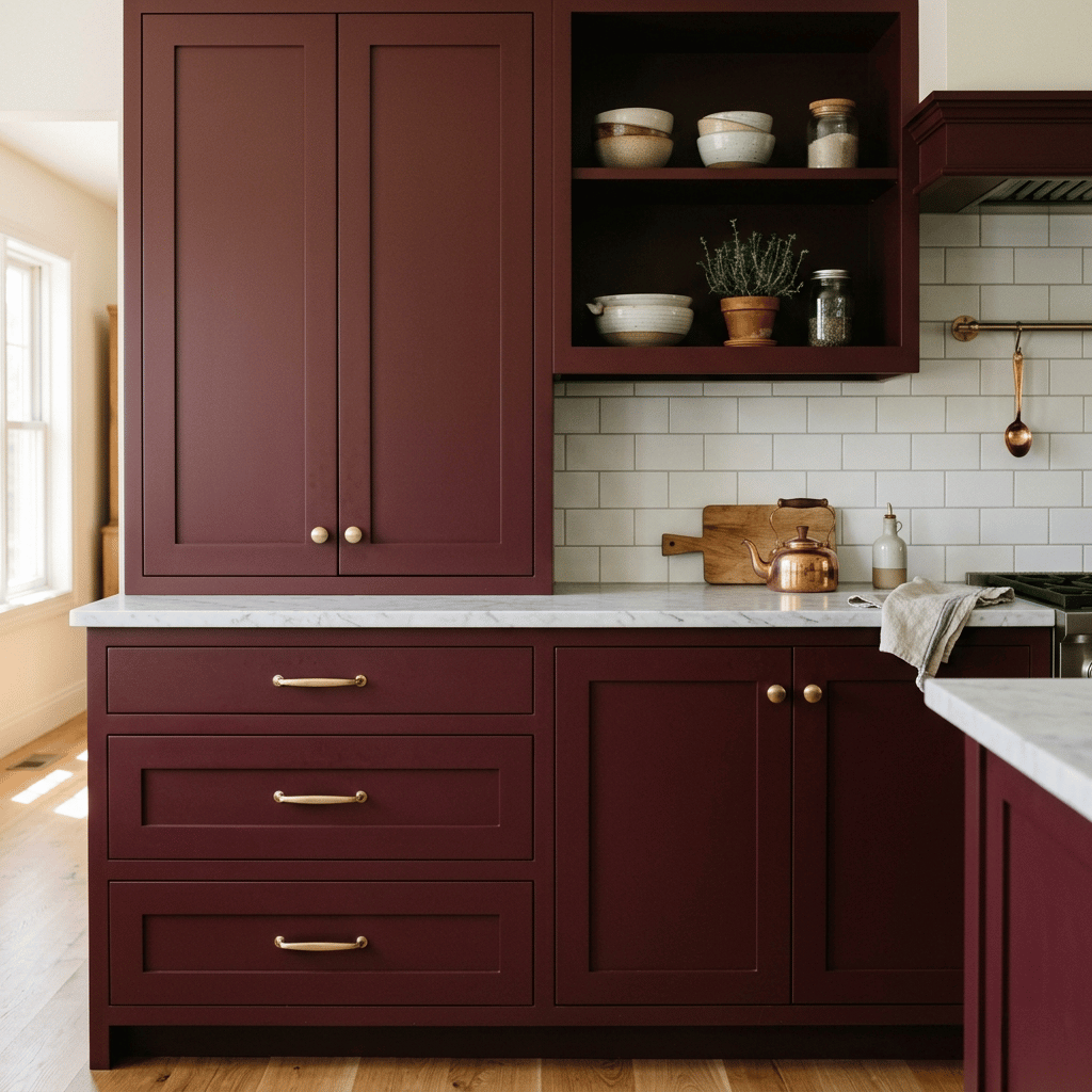 Dark red inset kitchen cabinets with white subway tile backsplash, brass hardware and marble countertop
