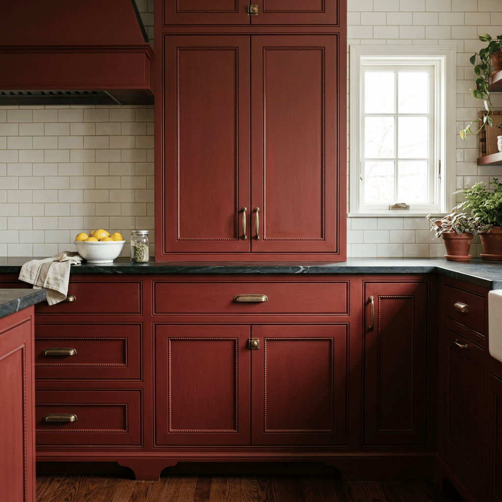 Deep dark red inset kitchen cabinets with black countertop, white tile wall and natural light kitchen
