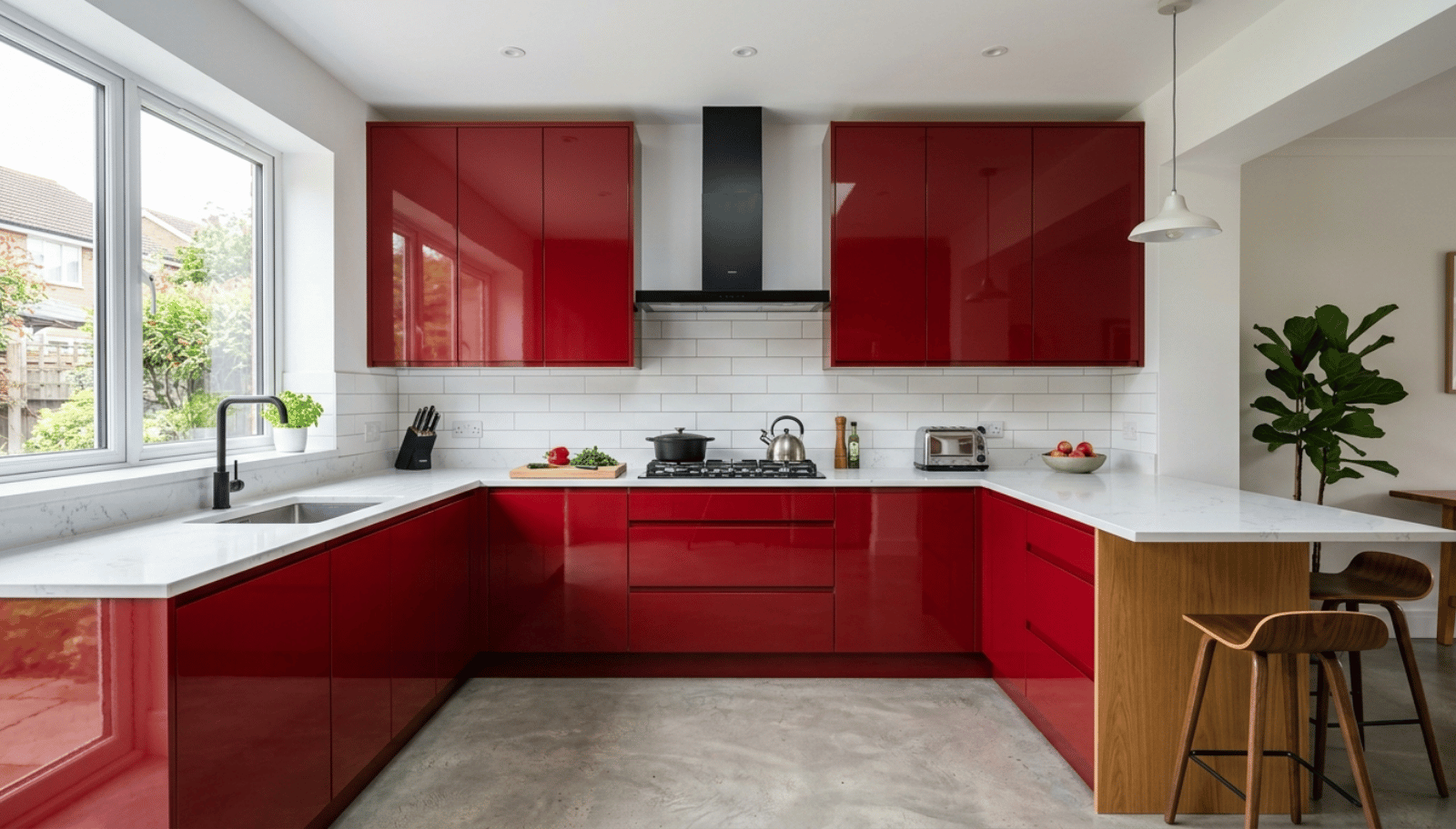 Frameless red kitchen cabinets with full overlay design and modern clean layout