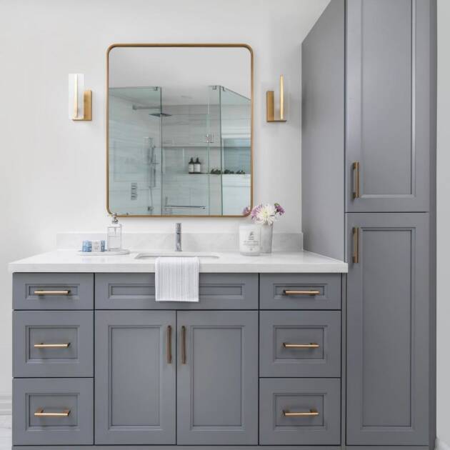 minimalist bathroom design featuring grey vanity cabinet and mirror setup