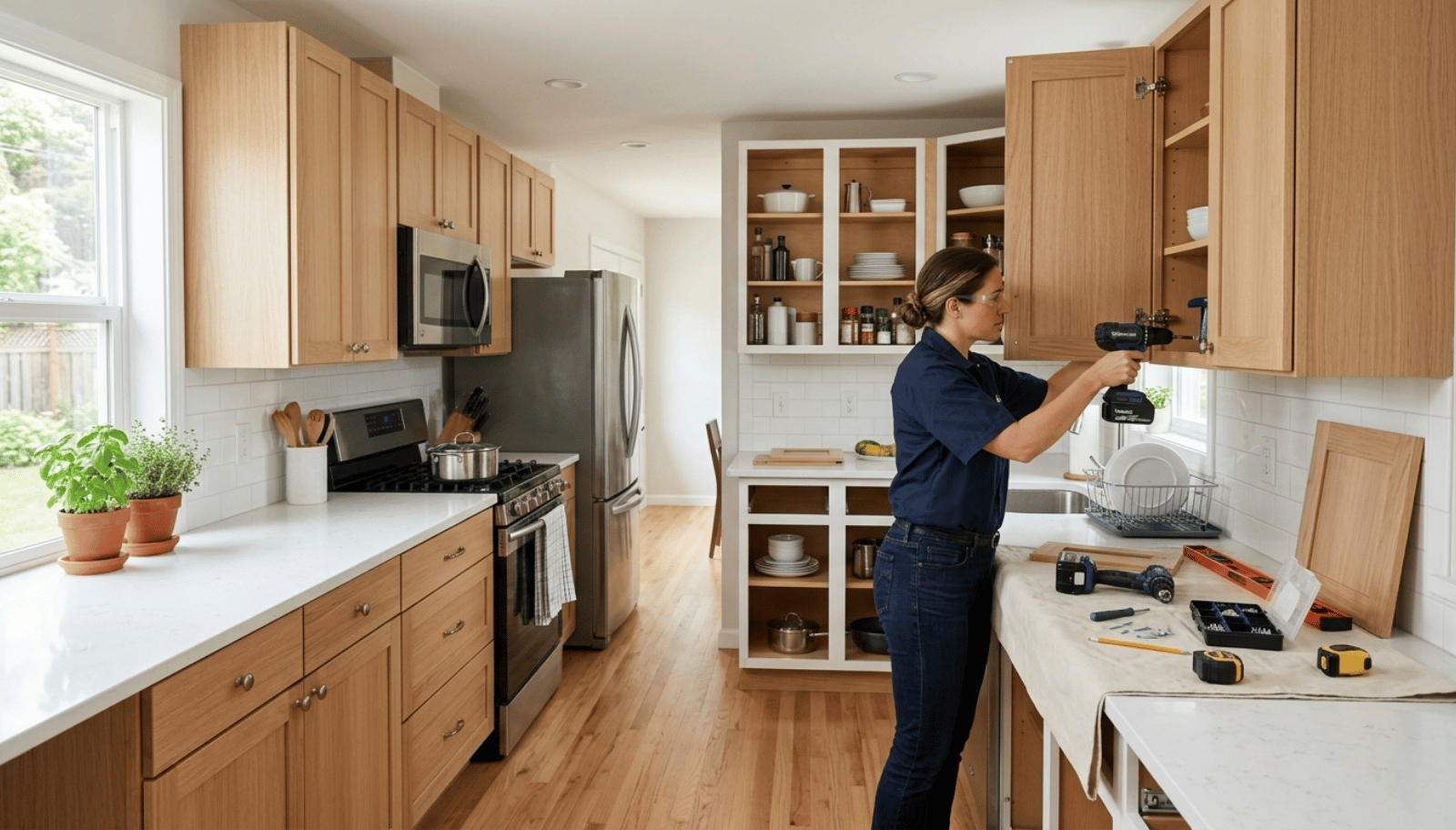 kitchen cabinet refacing process showing cabinet doors replacement without removing cabinet boxes