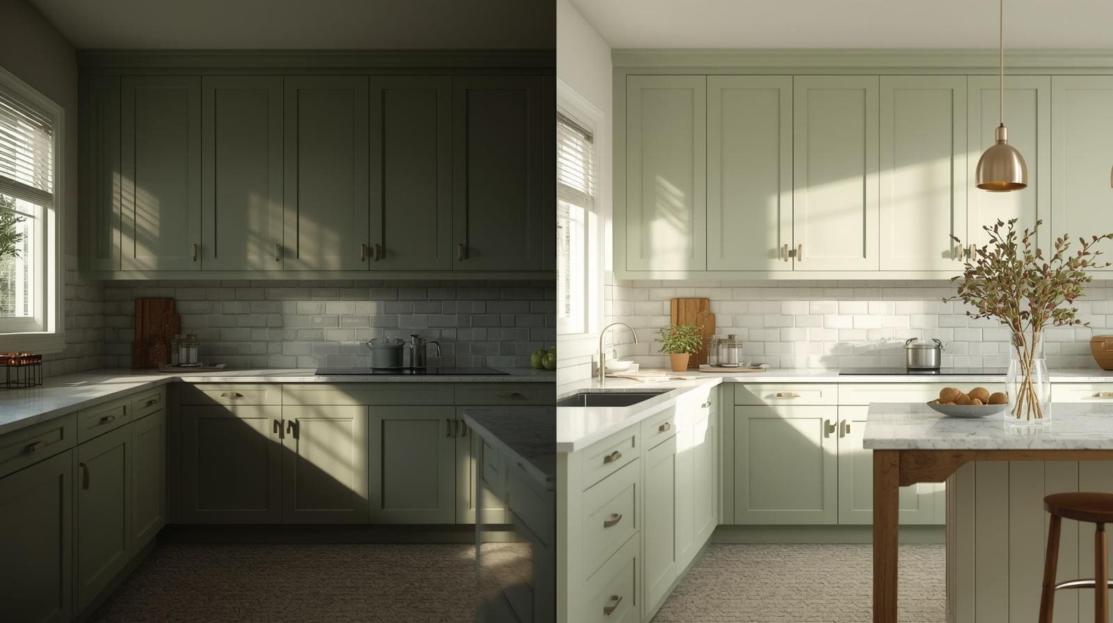 muted vs soft sage green kitchen cabinets showing difference between deeper gray tone and light airy green