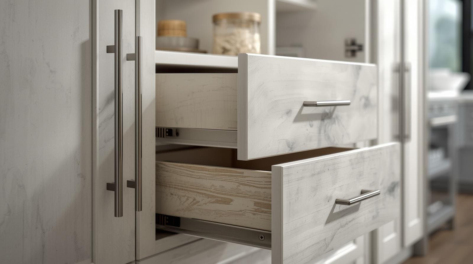 A pantry cabinet door gently closing with soft-close hinge