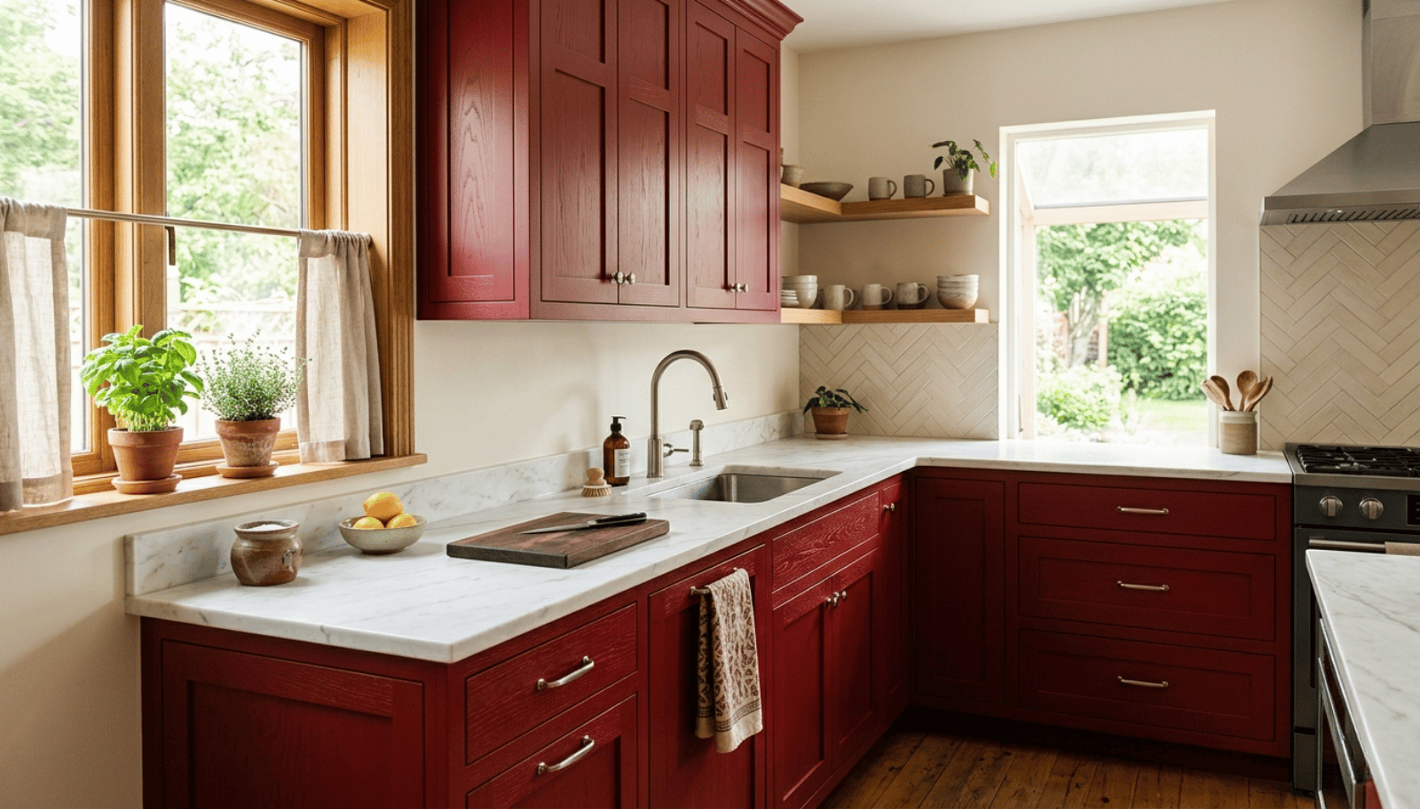 Red shaker kitchen cabinets with recessed panel design and neutral countertop in a residential kitchen