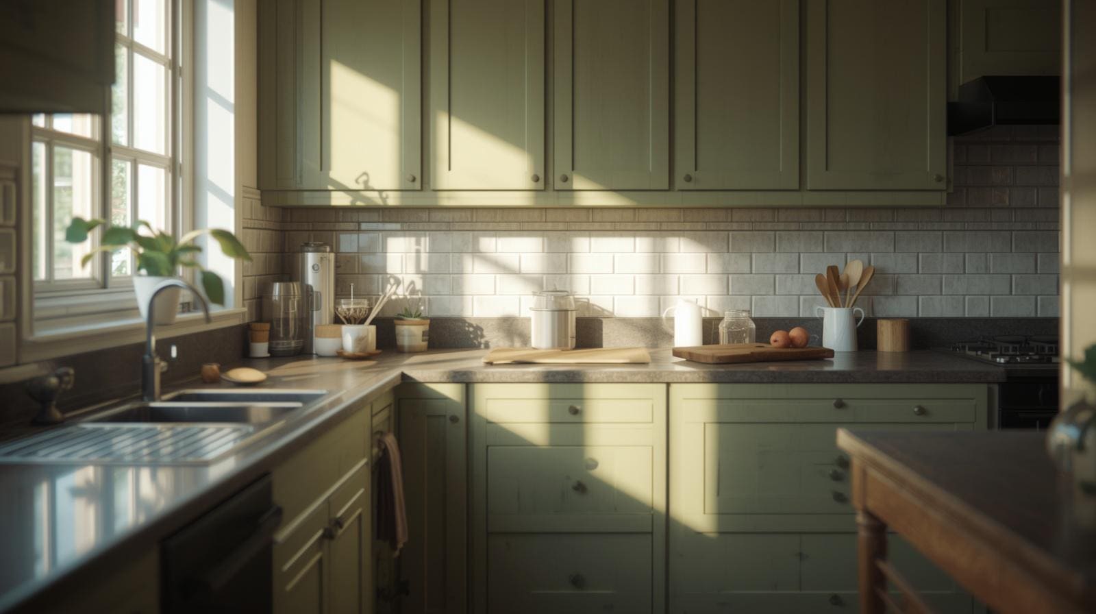 sage green kitchen cabinets under natural lighting showing tone variation across cabinet surfaces