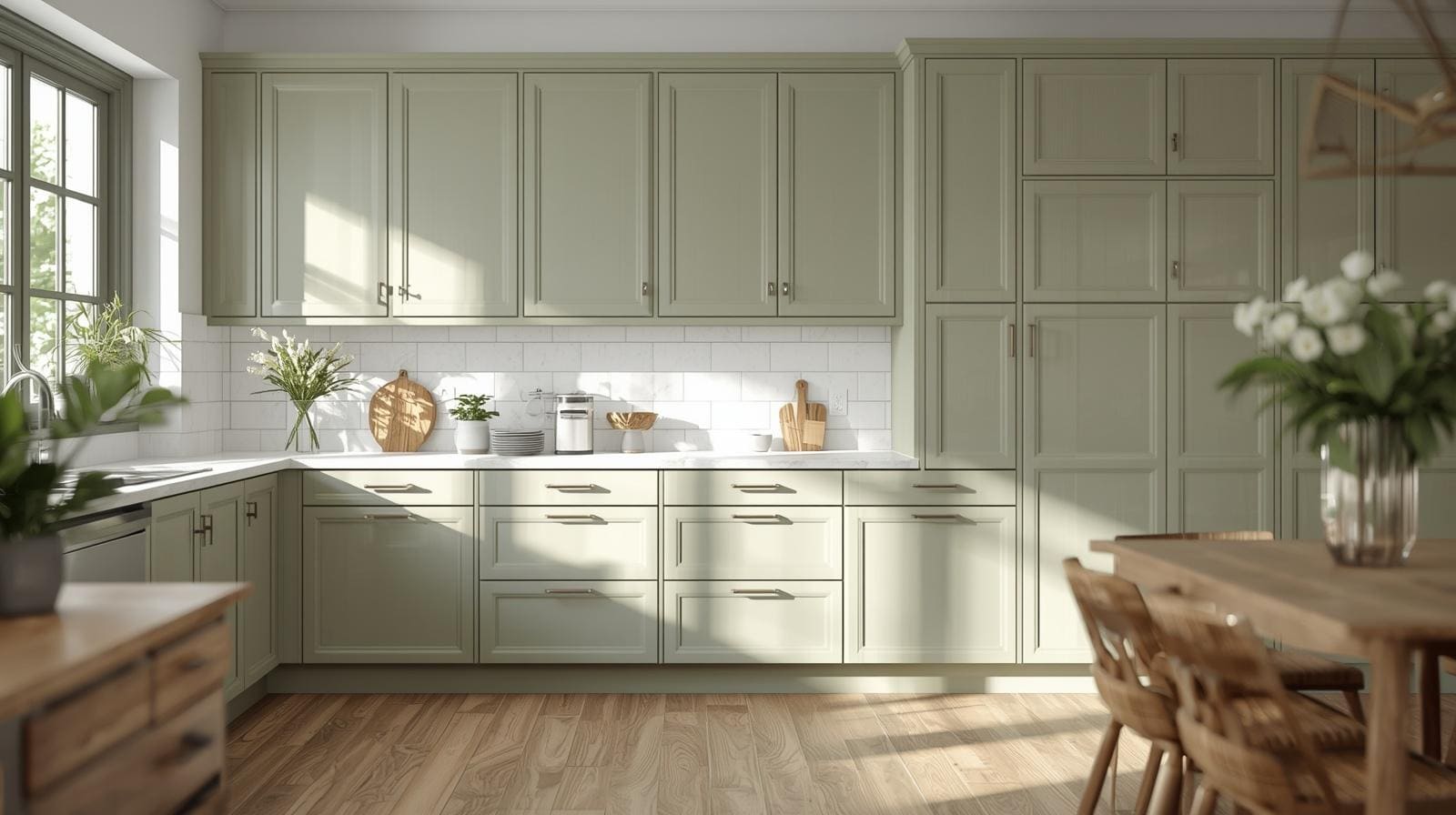 sage green kitchen cabinets in a modern farmhouse kitchen with natural light and neutral design balance