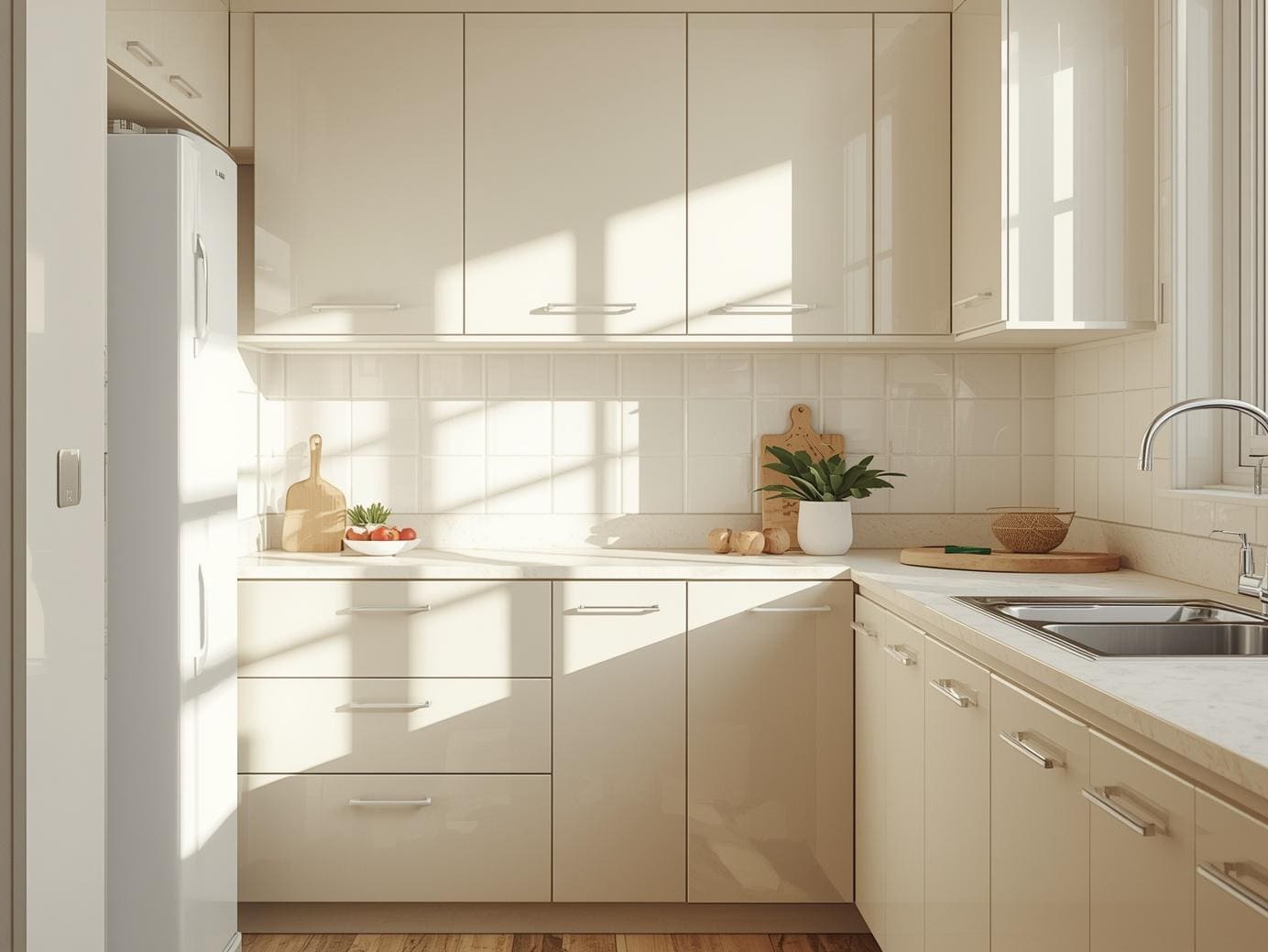 painted kitchen cabinets in off-white and cream tones