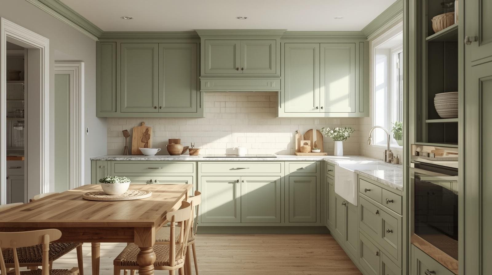 timeless sage green kitchen cabinets in a neutral kitchen design with simple and long-lasting style