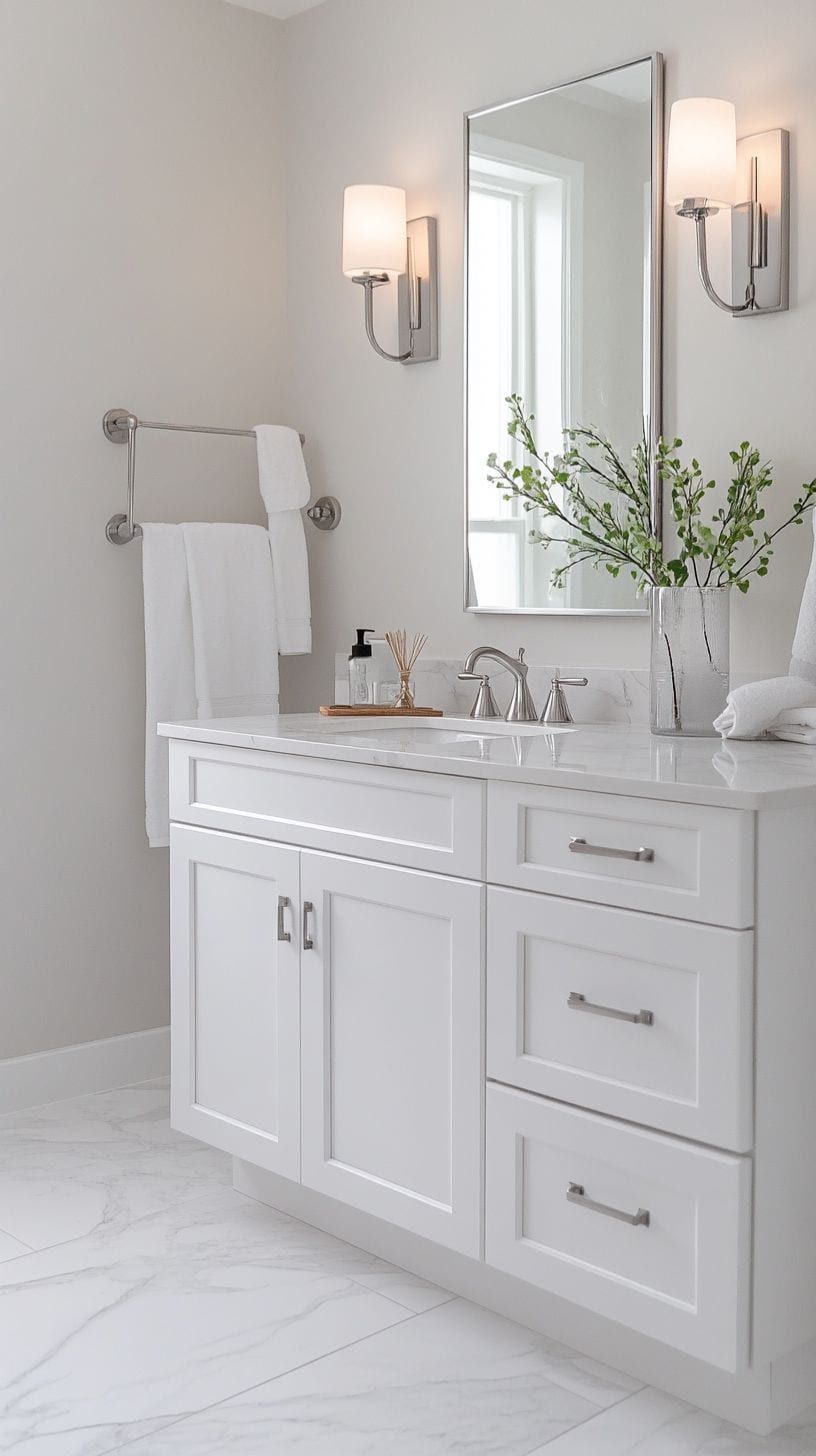 modern bathroom with white framed vanity cabinet and clean layout