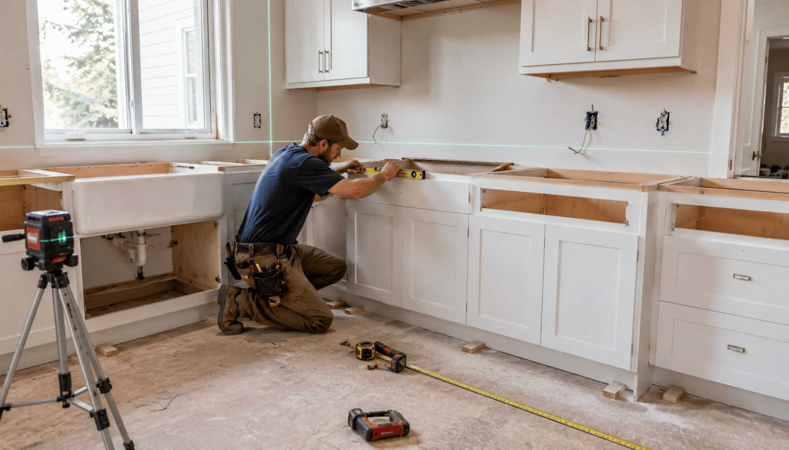 Professional installation and measurement of 24 inch base kitchen cabinets in modern kitchen