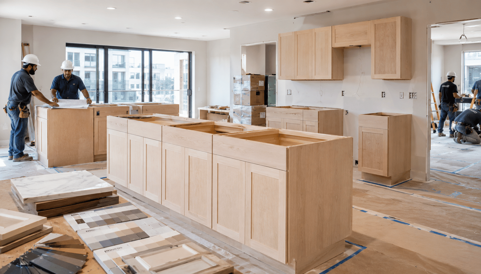 Affordable unfinished kitchen base cabinets installed in a multi-family apartment construction project
