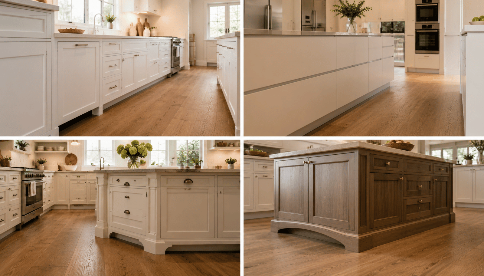 Different kitchen cabinet base molding styles for Shaker, modern slab, farmhouse, and luxury kitchens