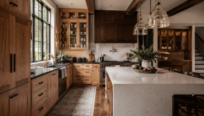 Luxury kitchen interior featuring oak, maple, walnut, and cherry wood cabinets in a modern American home