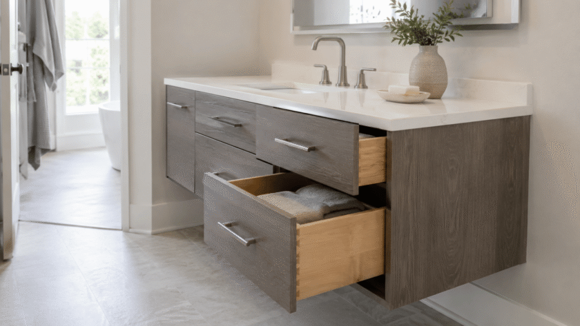 Floating RTA bathroom vanity with Baltic Birch plywood construction, dovetail drawers, quartz countertop, and soft-close hardware in a modern bathroom interior