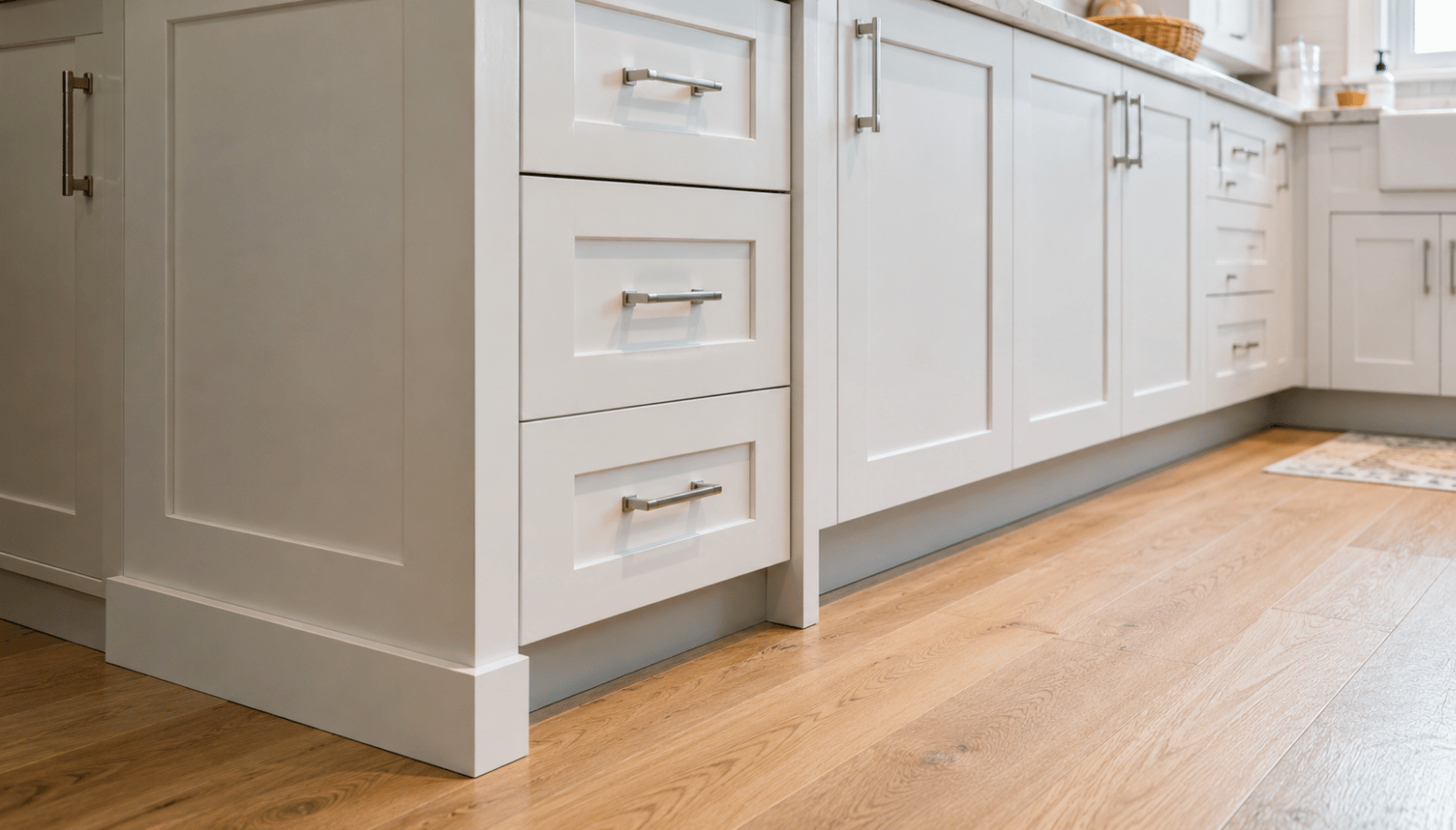Close-up view of kitchen cabinet base trim and recessed toe kick installation in a modern kitchen