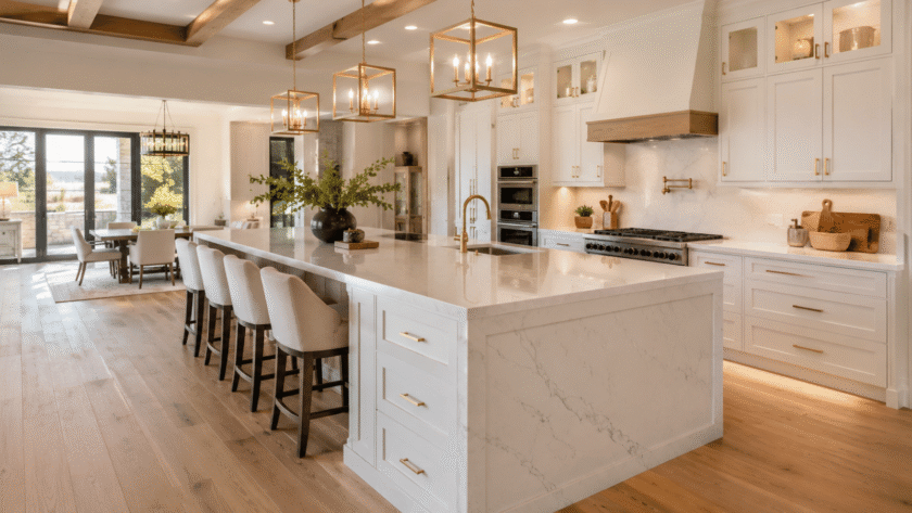 Modern kitchen island base cabinet with white shaker cabinets, quartz countertop, storage drawers, and seating area
