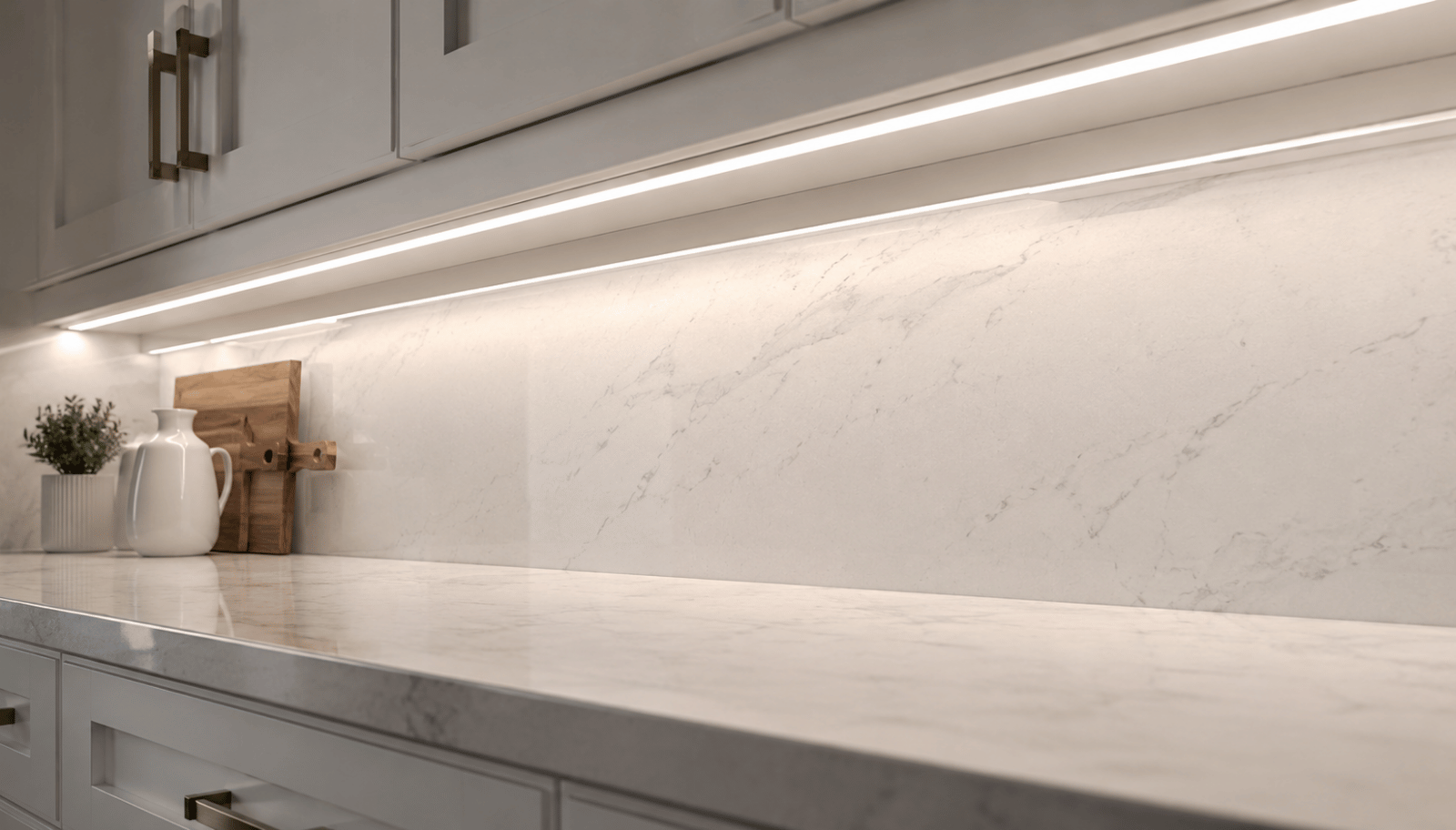 Close-up of LED strip lights installed under white shaker kitchen cabinets with seamless countertop illumination