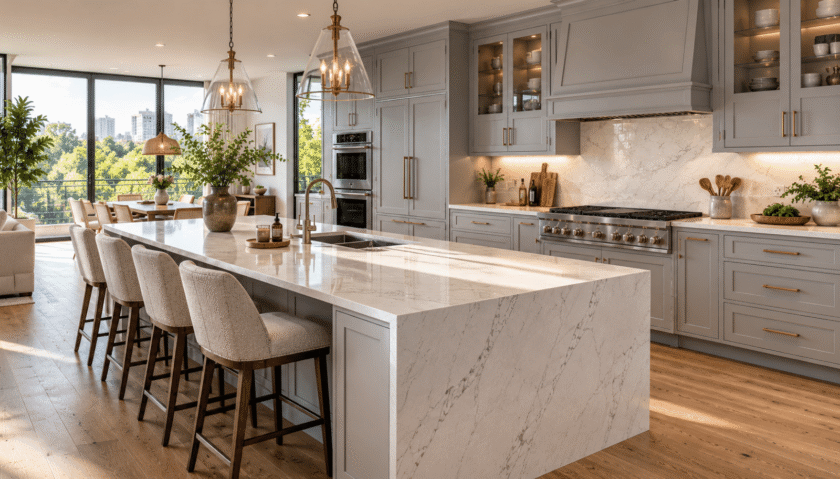 Modern luxury kitchen with light grey shaker cabinets, quartz island, and natural daylight