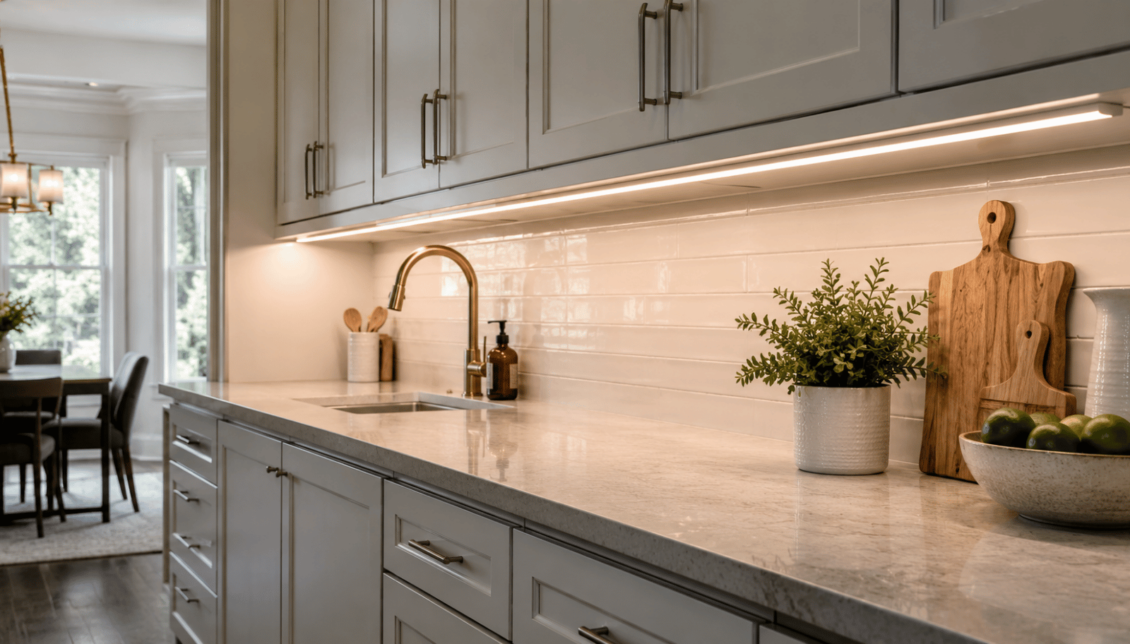 Modern kitchen with rigid linear under cabinet lighting fixtures providing even countertop illumination