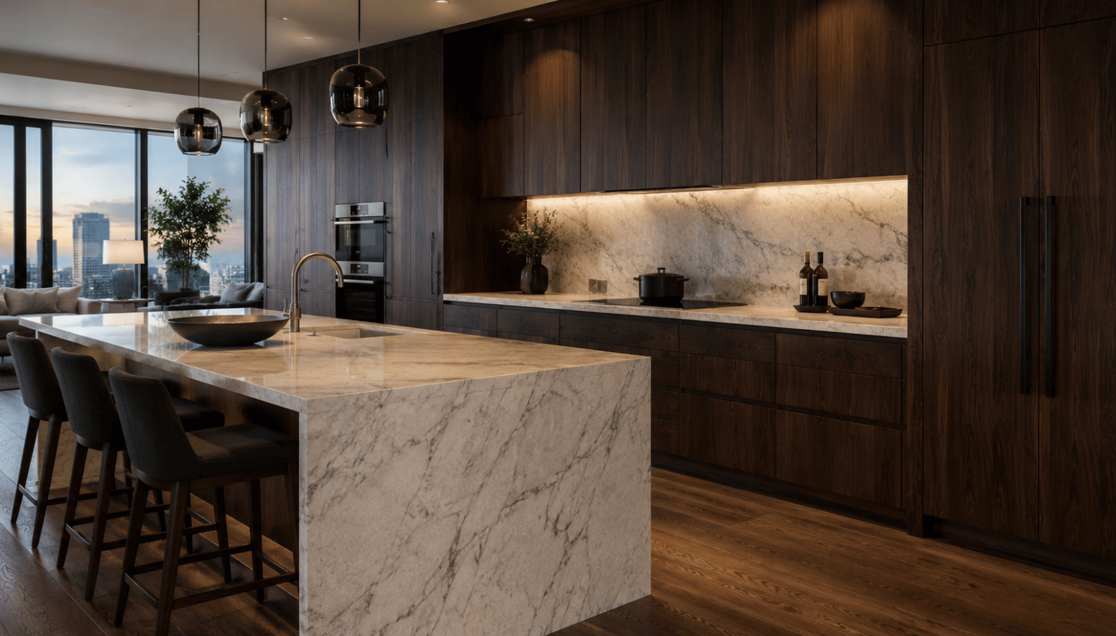 Luxury contemporary kitchen with dark walnut cabinets and premium modern design